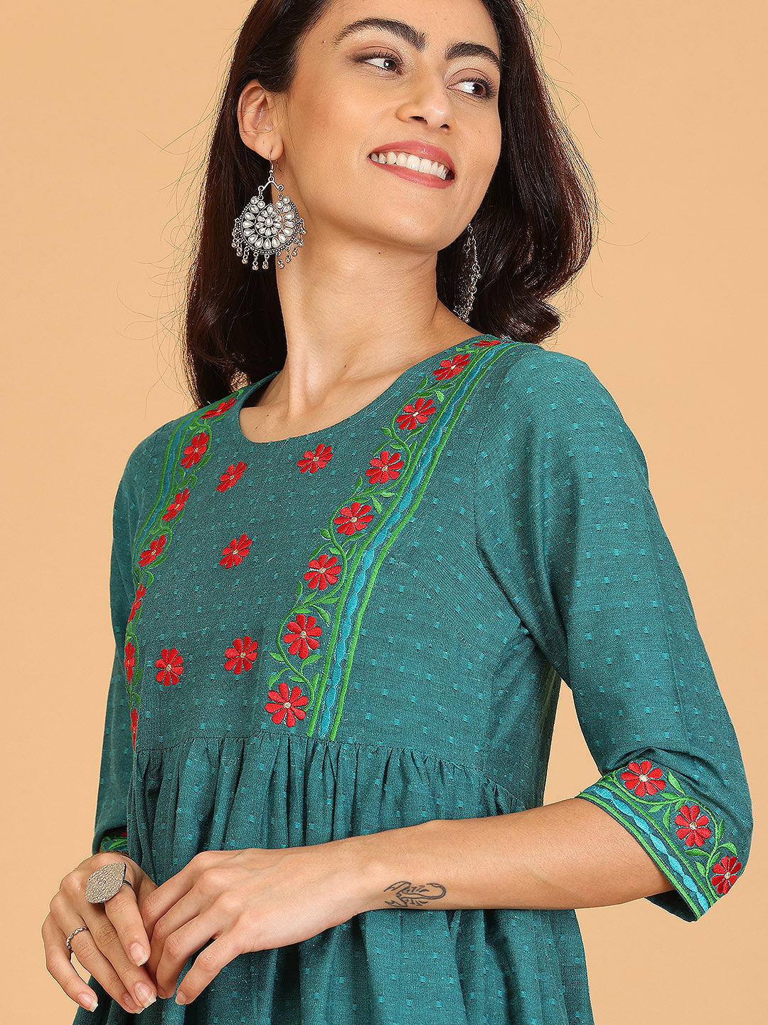 Kaanchie Nanggia Green Embroidered Flayred Kurta with Pant (Set of 2)