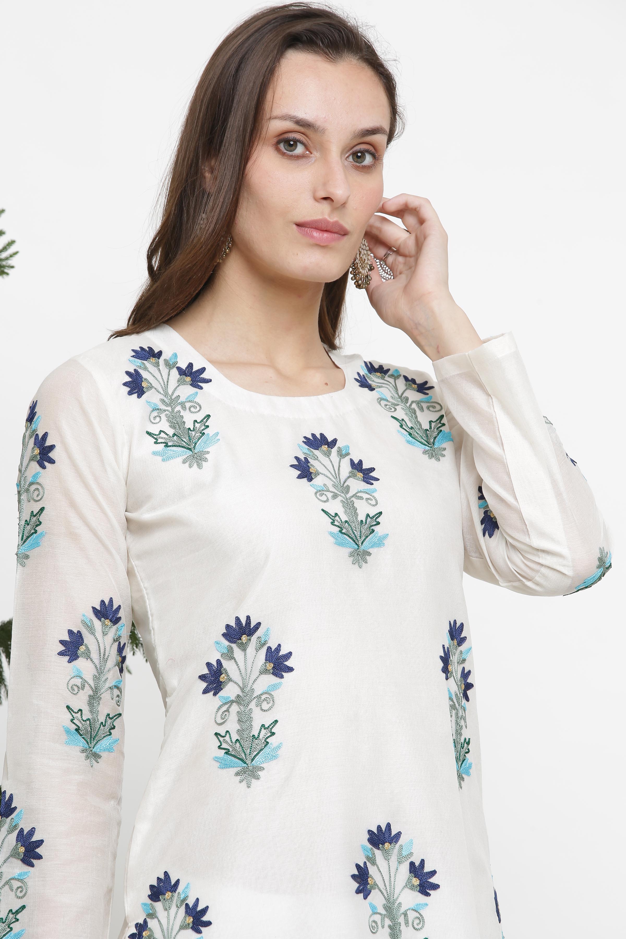 Kaanchie Nanggia White Embroidred A Line Kurta And Pant (Set of 2)