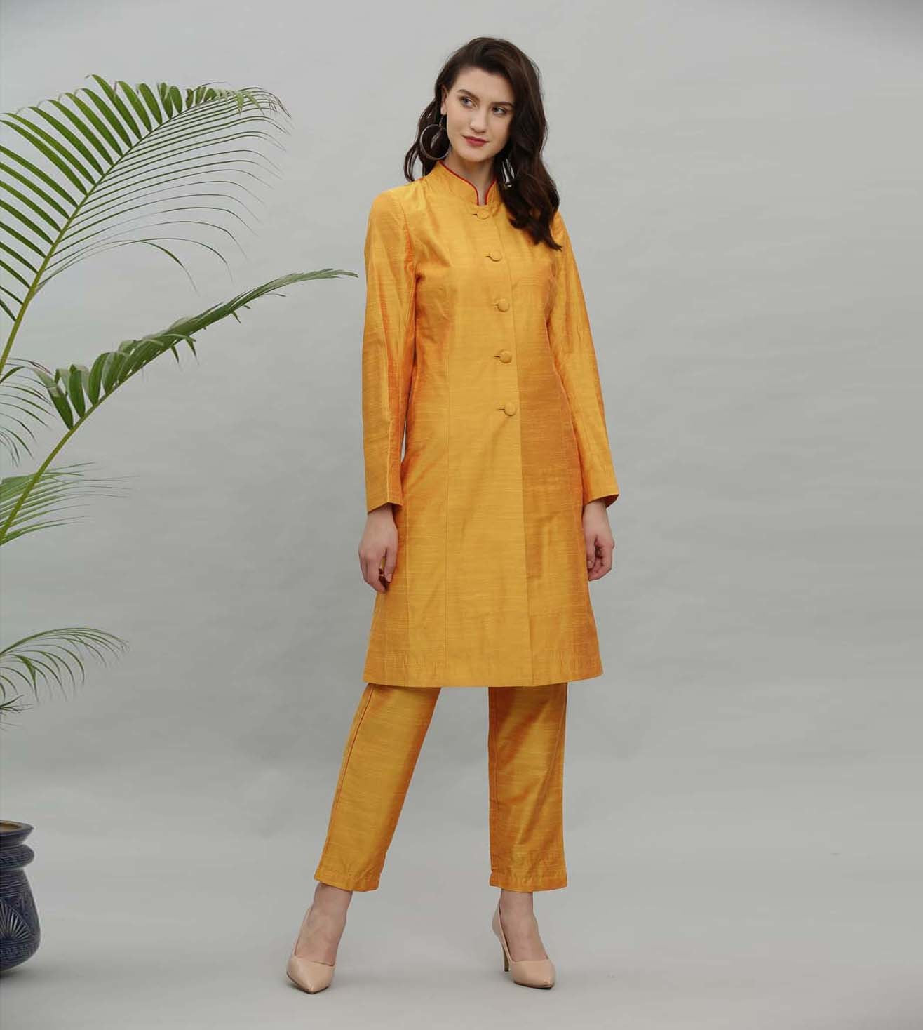 Kaanchie Nanggia Yellow Solid Jacket Kurta And Pant - (Set of 2)