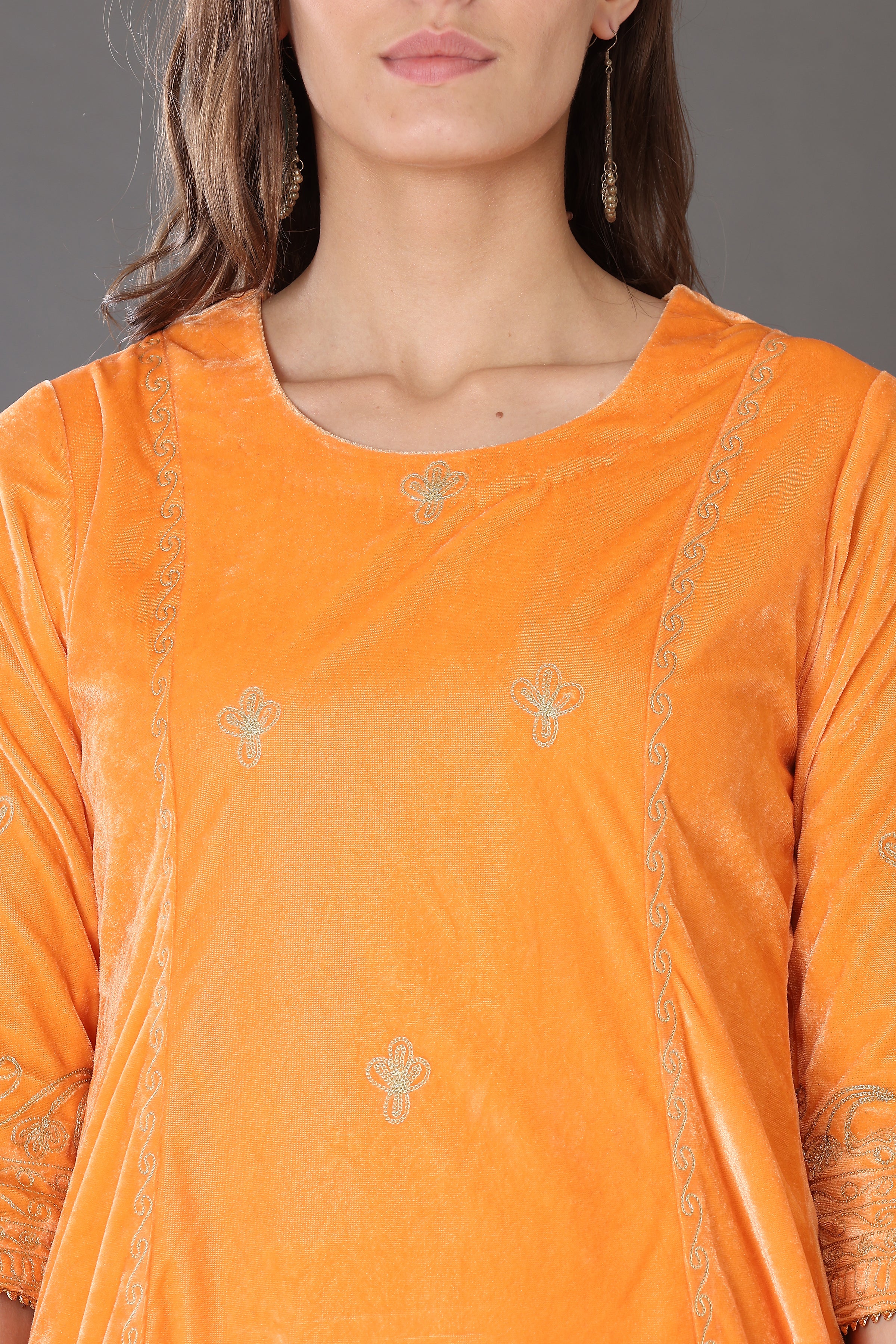Kaanchie Nanggia Orange Velvet Embroidered Kurta Palazzo and Dupatta (Set of 3)