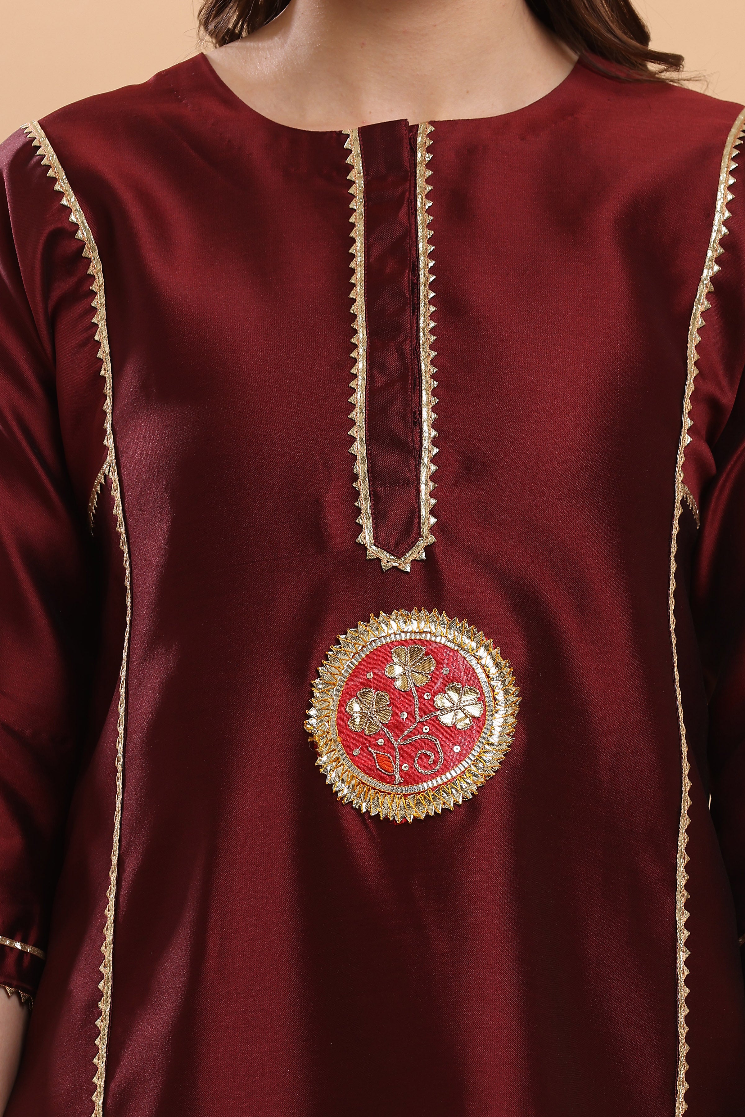 Kaanchie Nanggia Maroon Flayred Gota Work Kurta Palazzo (Set of 2)