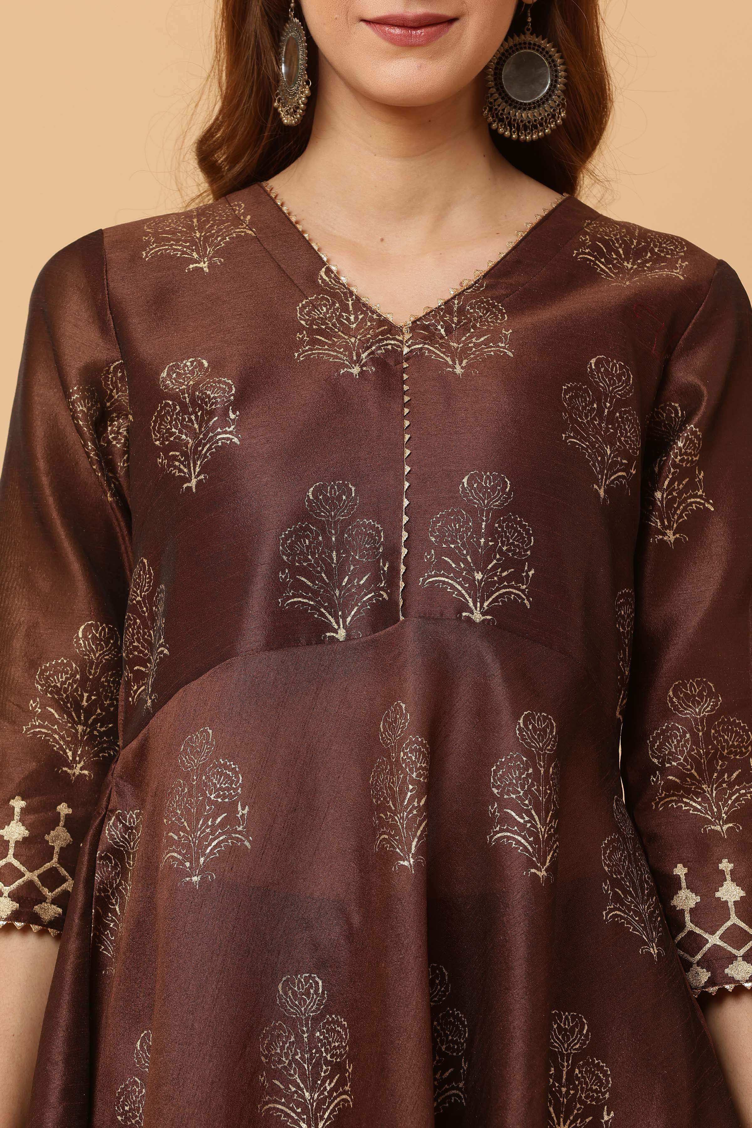 Kaanchie Nanggia Brown Flared Printed Kurta with Pant (Set of 2)