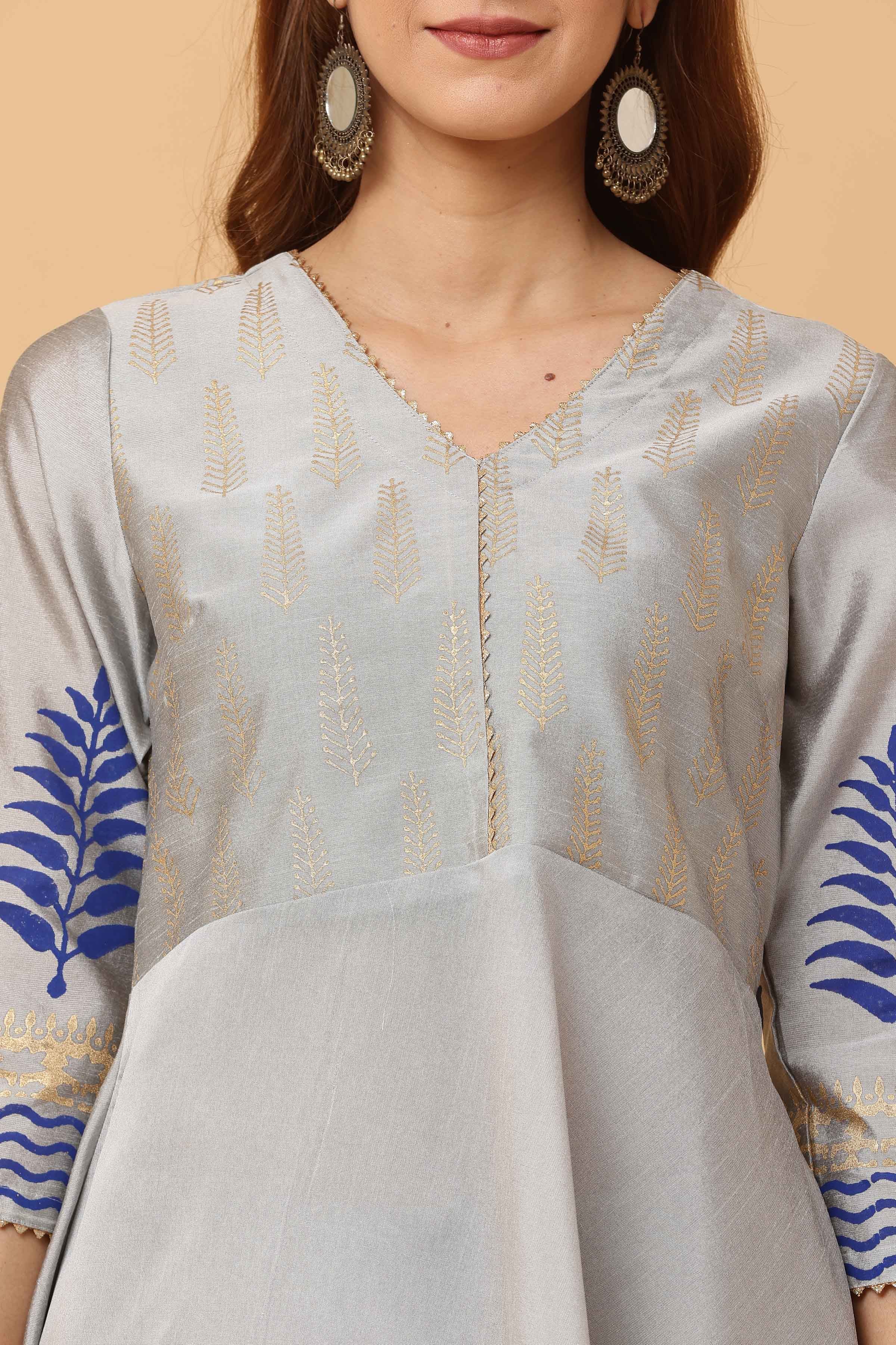 Kaanchie Nanggia Grey Flared Printed Kurta with Pant (Set of 2)