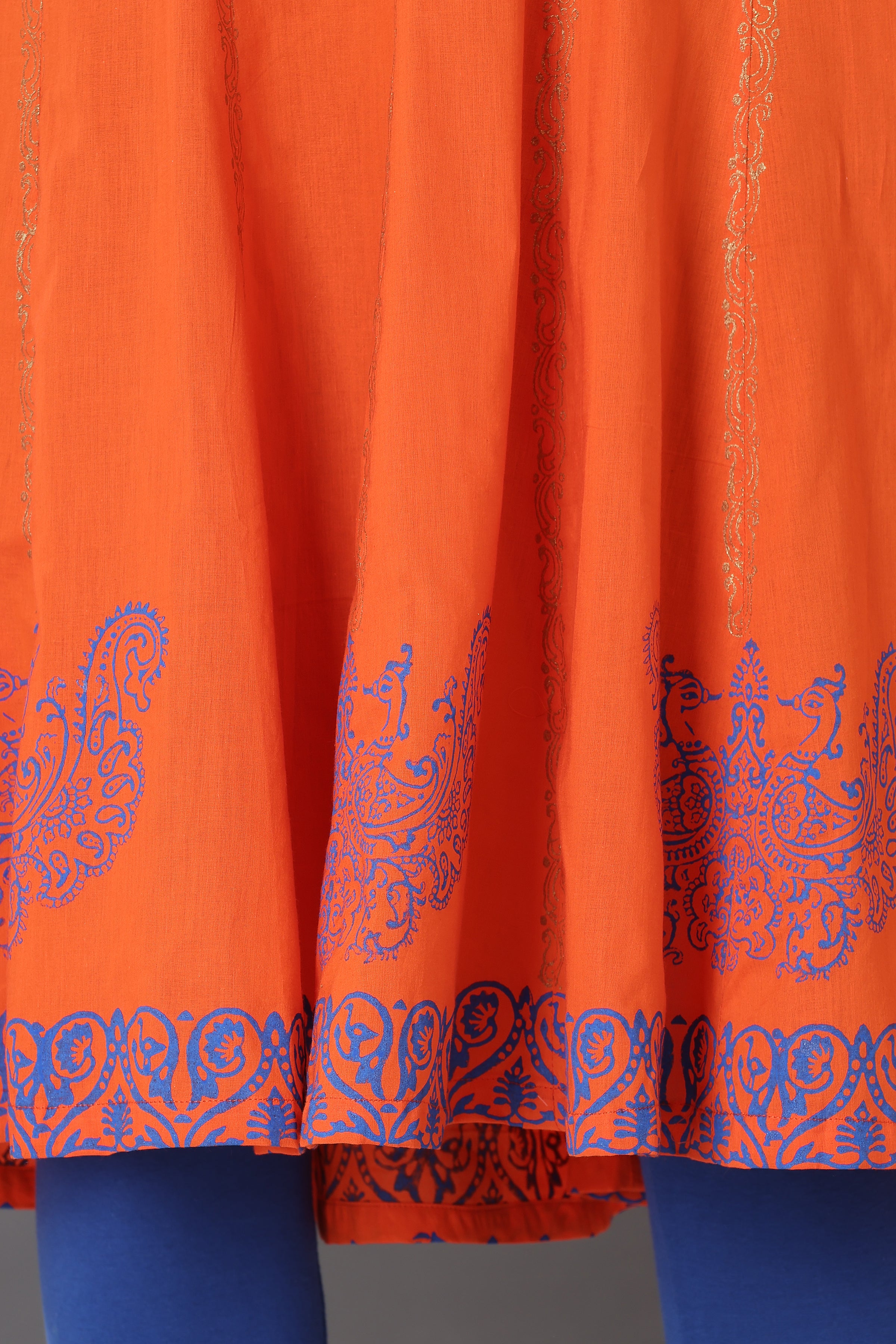 Kaanchie Nanggia Orange Block Printed Anarkali with Leggings and Dupatta (Set of 3)