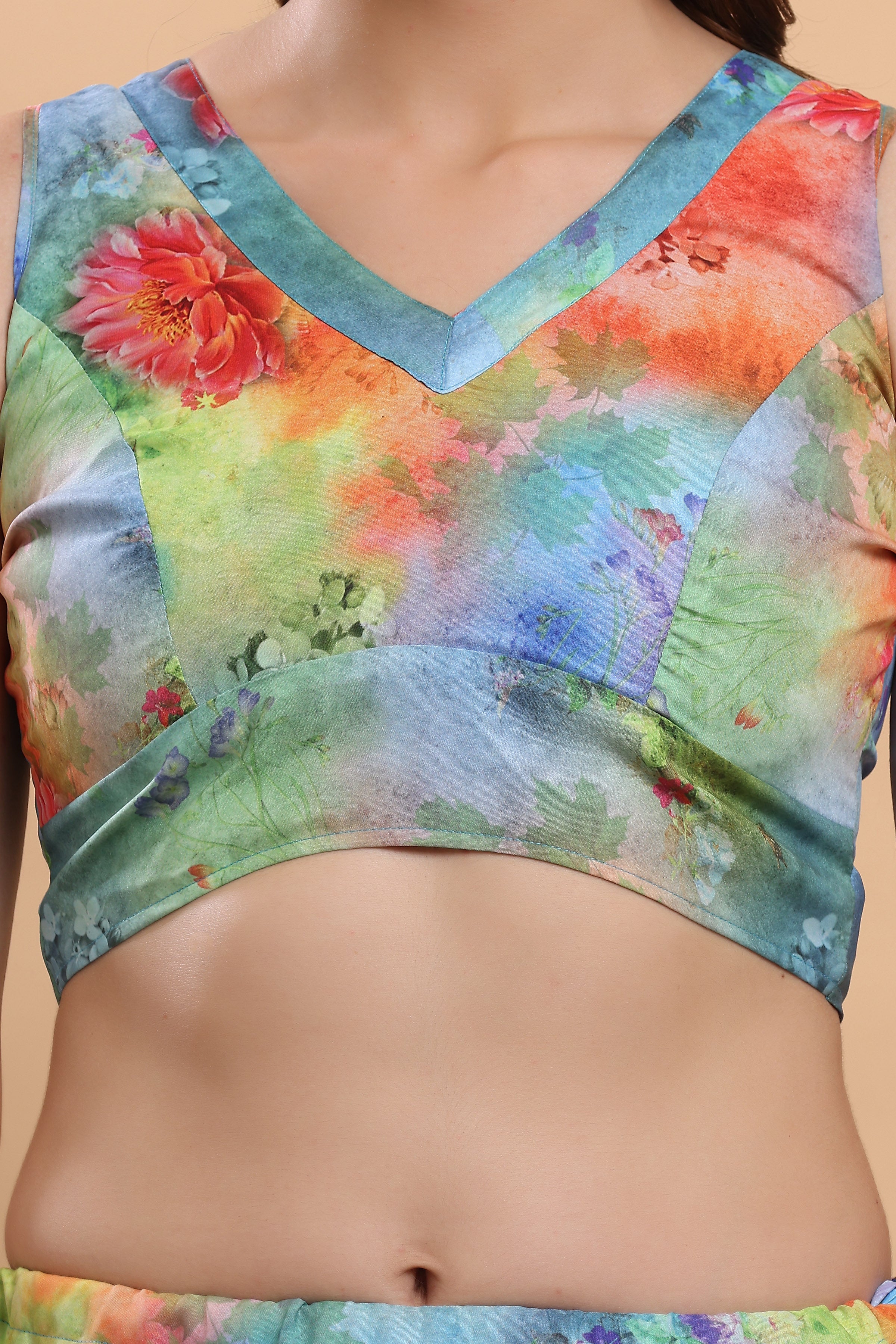 Kaanchie Nanggia Blue & Orange Printed Ready to Wear Lehenga & Choli (Set of 2)