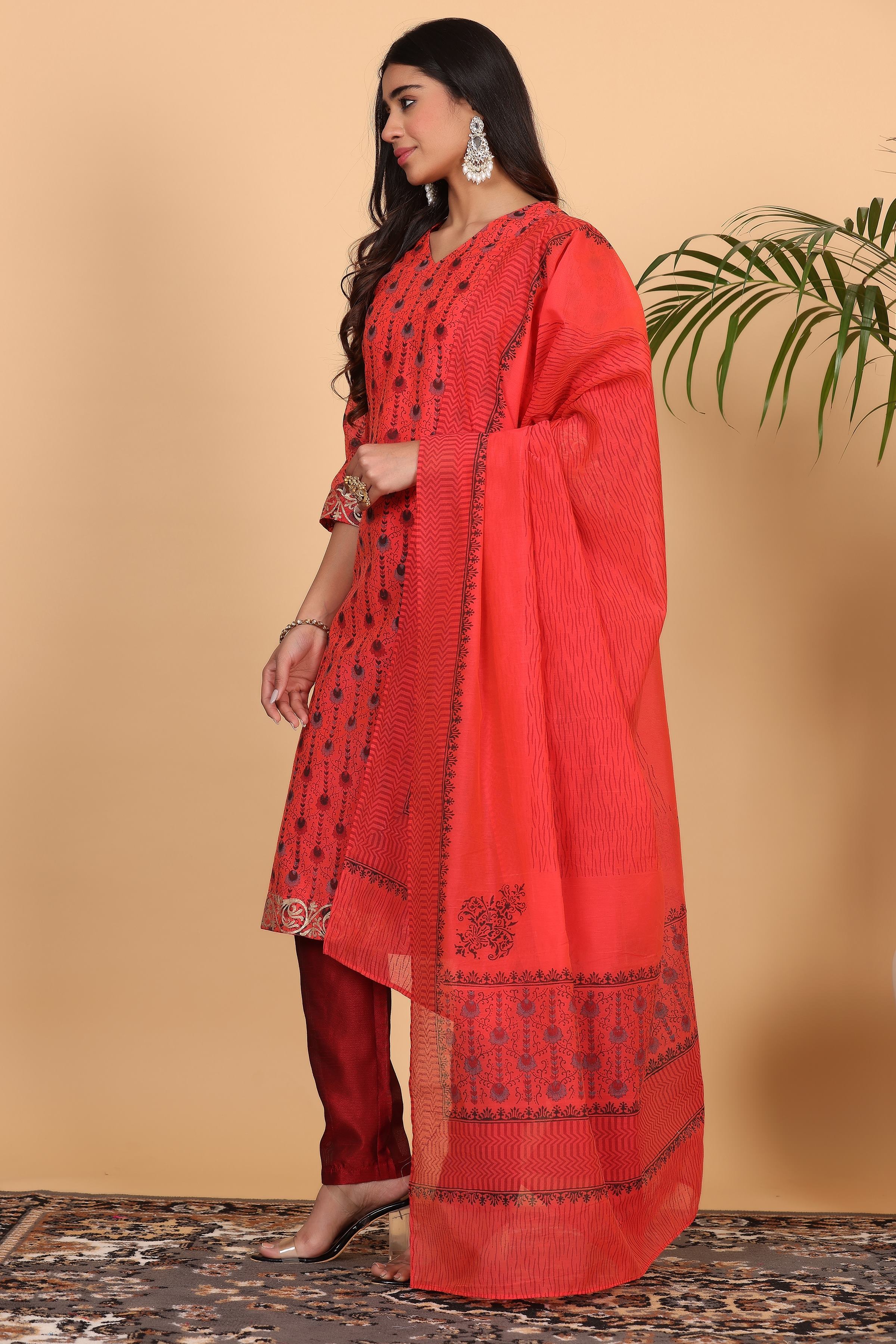 Kaanchie Nanggia Red Chanderi Printed Kurta Dupatta with Pants (Set of 3)