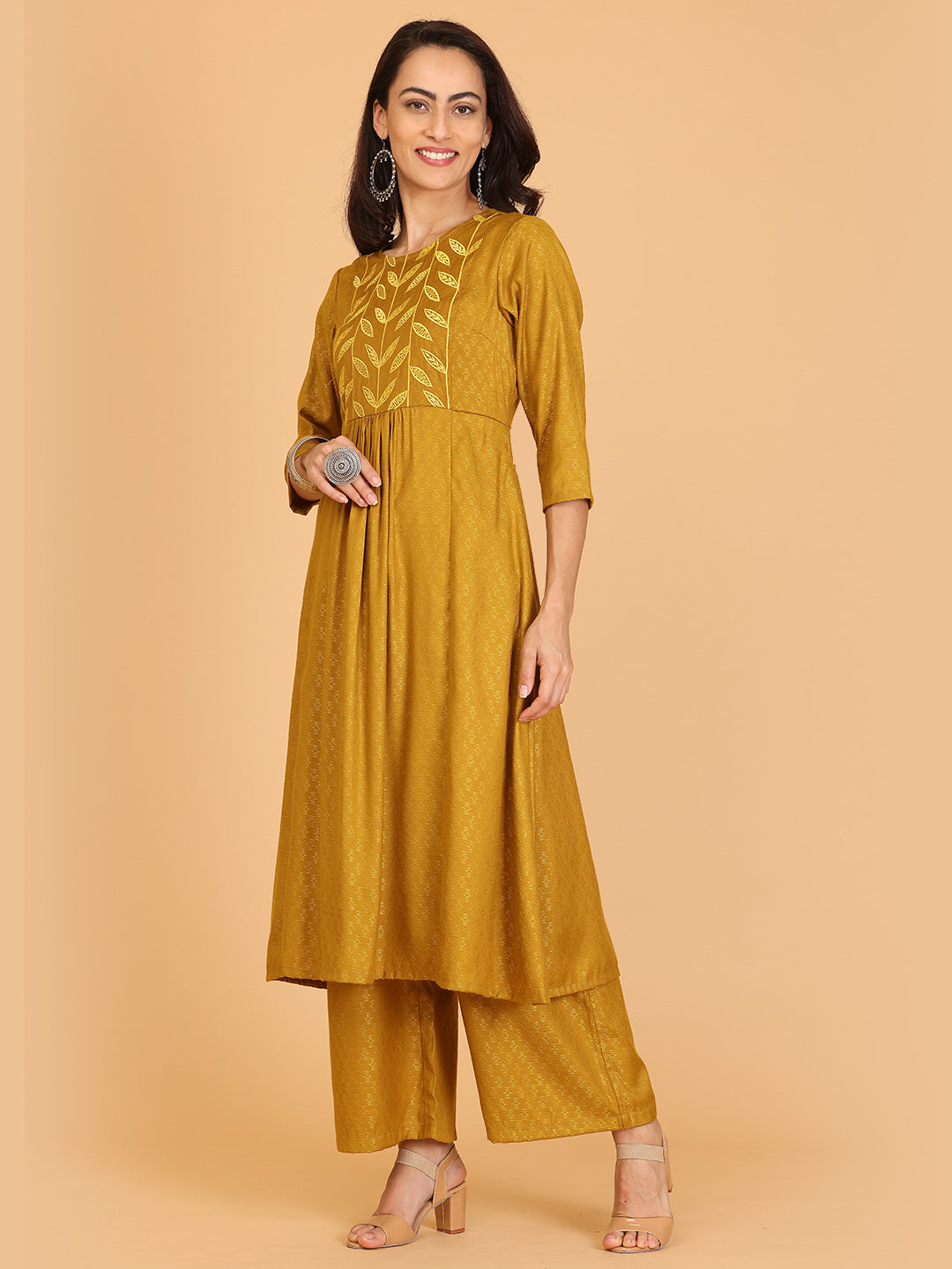 Kaanchie Nanggia Mustard Embroidered Flayred Kurta with Pant (Set of 2)