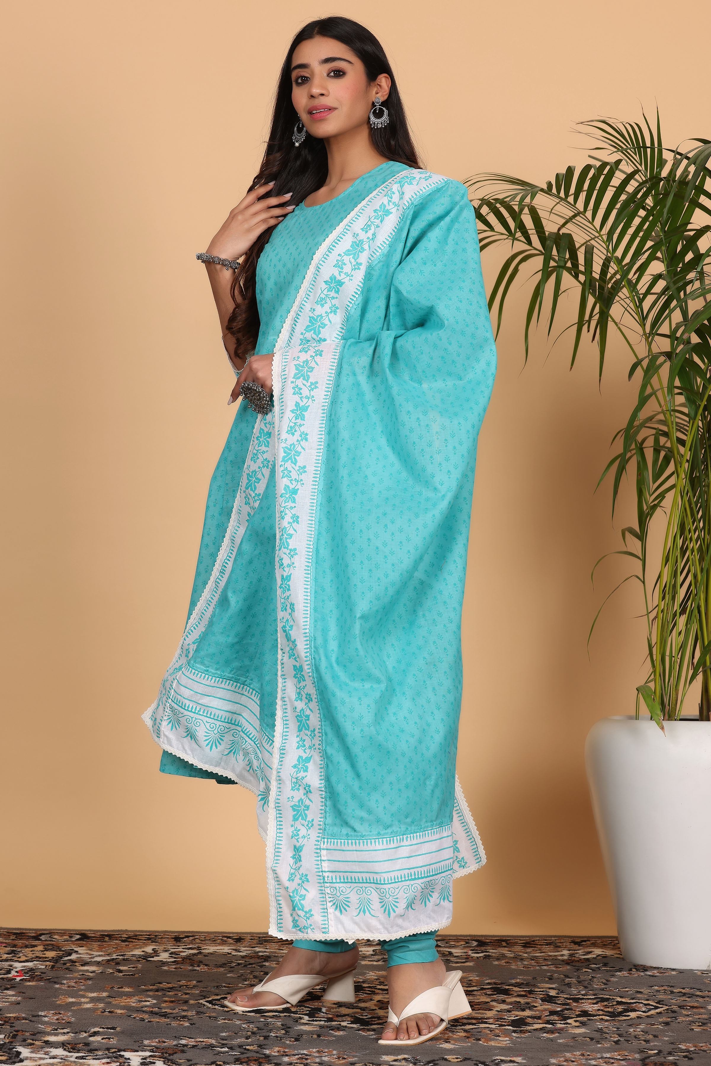 Kaanchie Nanggia Turquoise Printed Kurta Dupatta with Churidar (Set of 3)