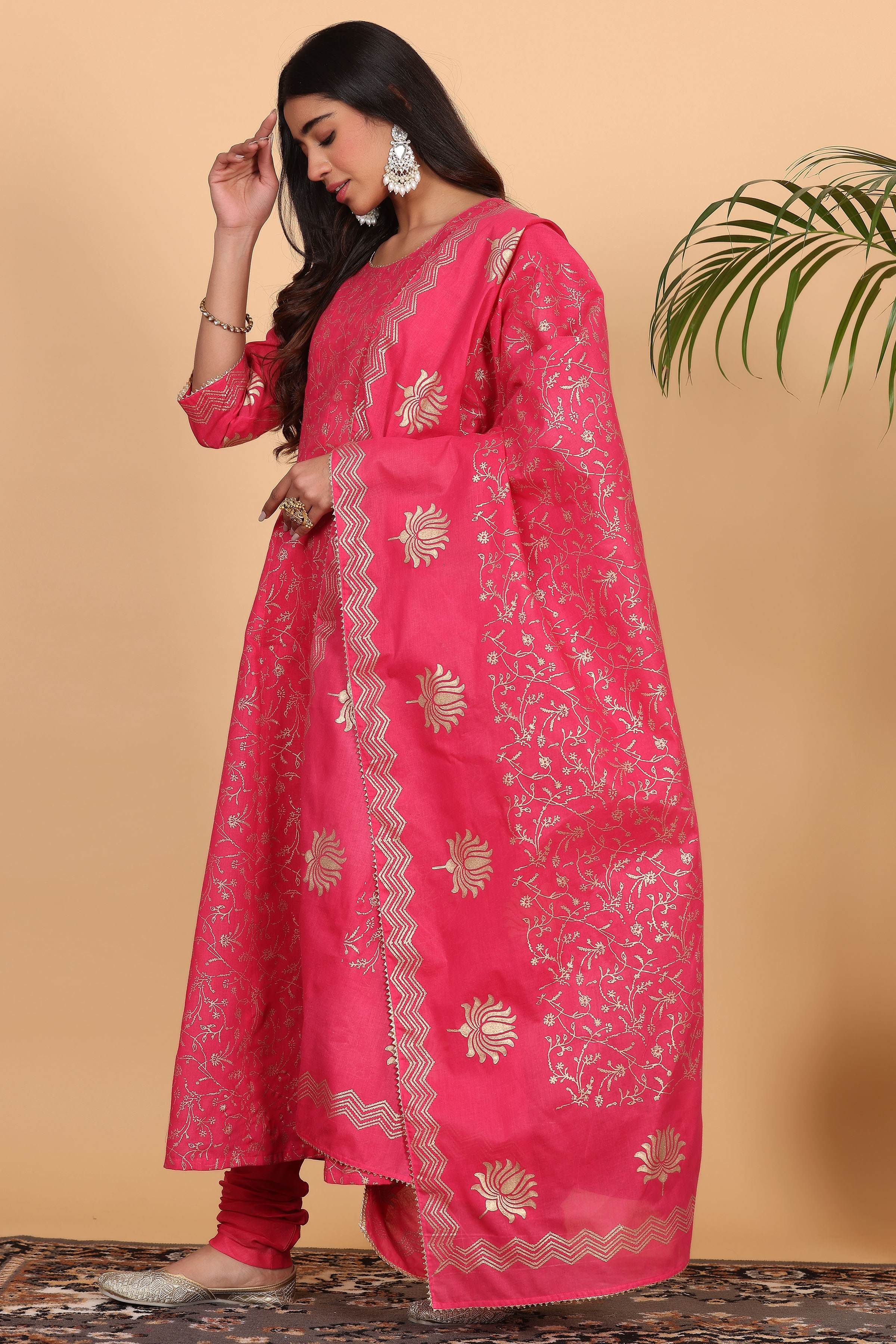 Kaanchie Nanggia Pink Printed Kalidar Kurta Dupatta with Churidar (Set of 3)