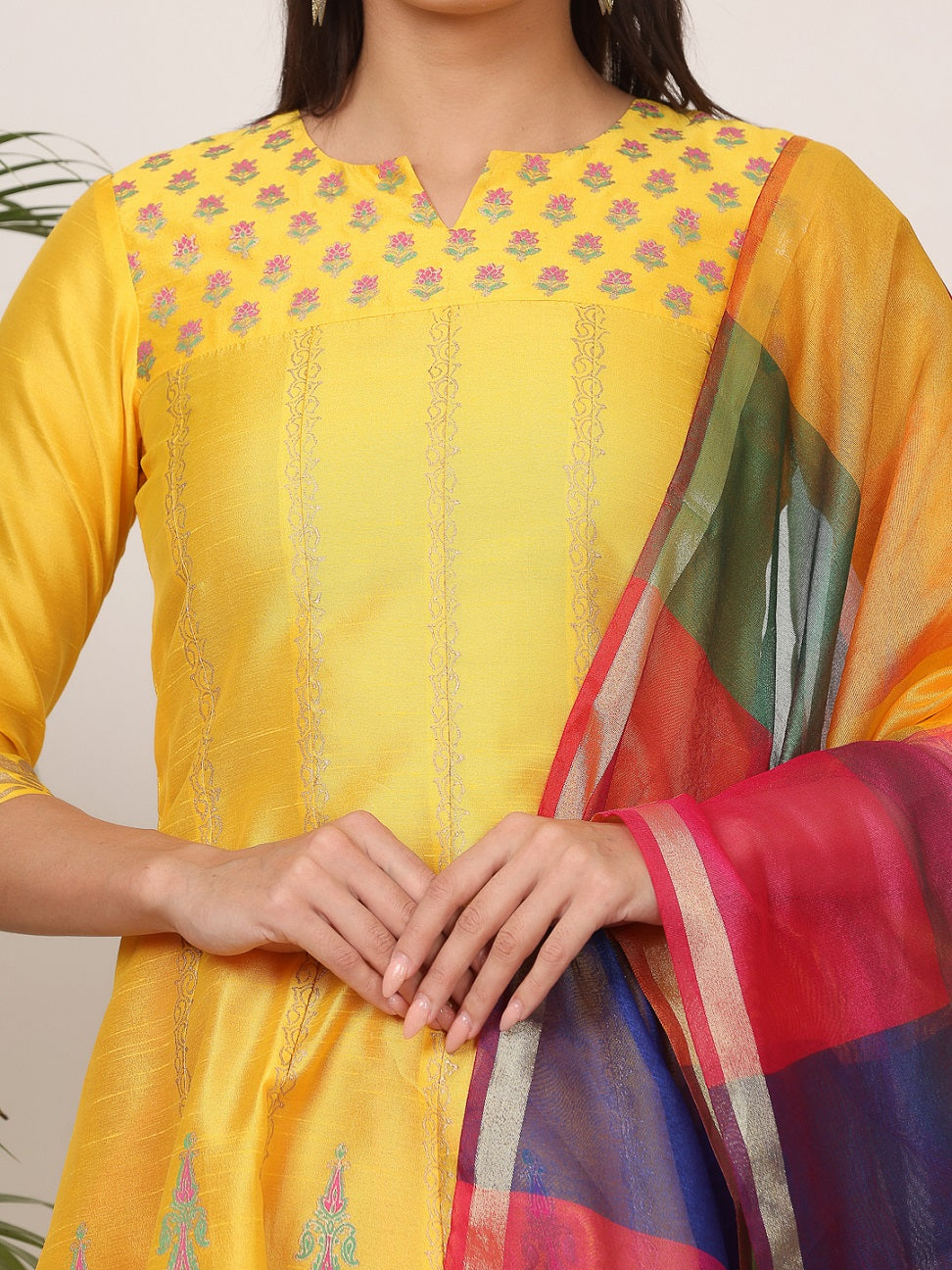 Kaanchie Nanggia Yellow Silk Printed Anarkali Churidar with Dupatta (Set of 3)