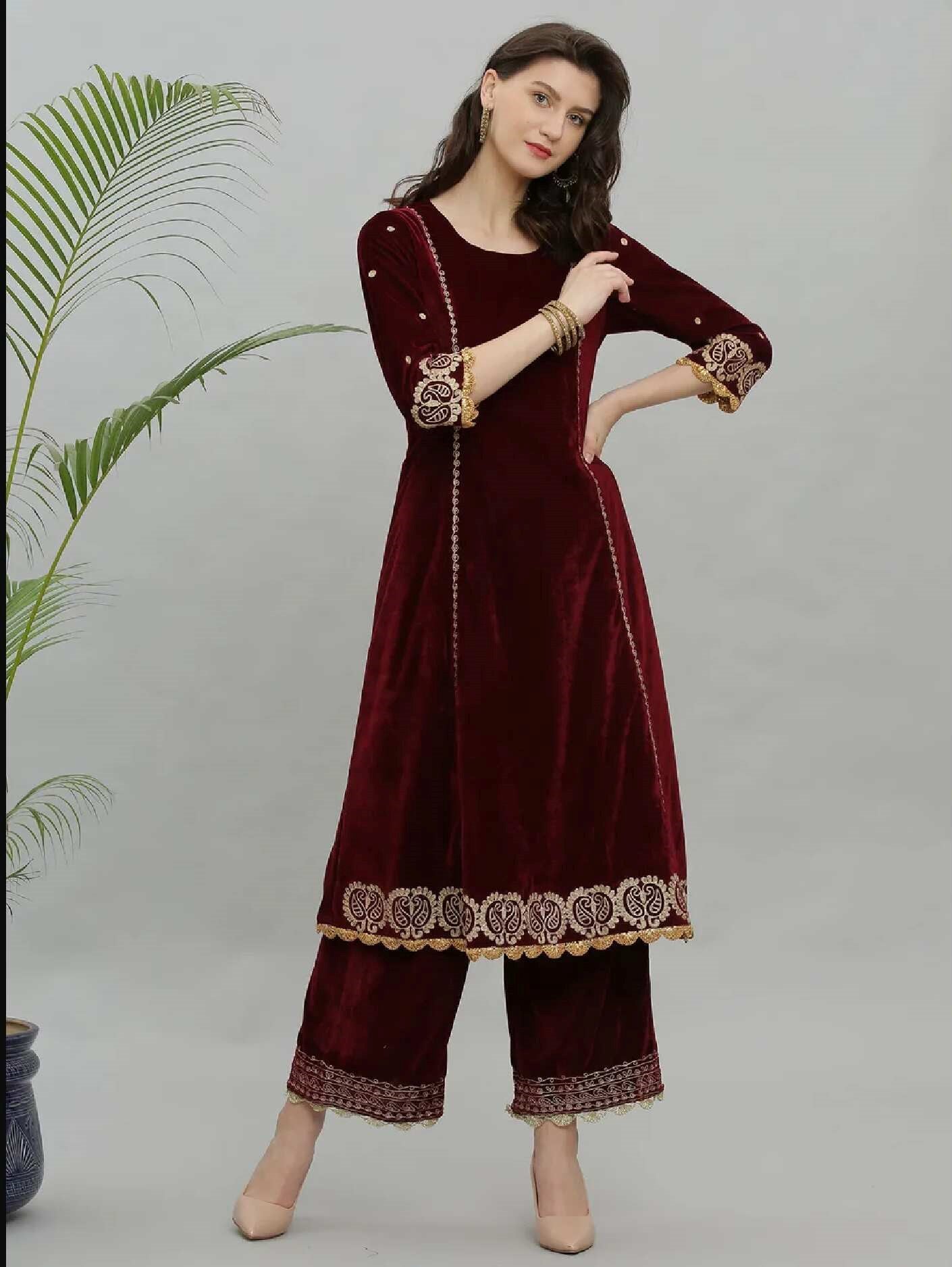 Kaanchie Nanggia Maroon Embroidery Velvet Kurta Pallazo - (Set of 2)
