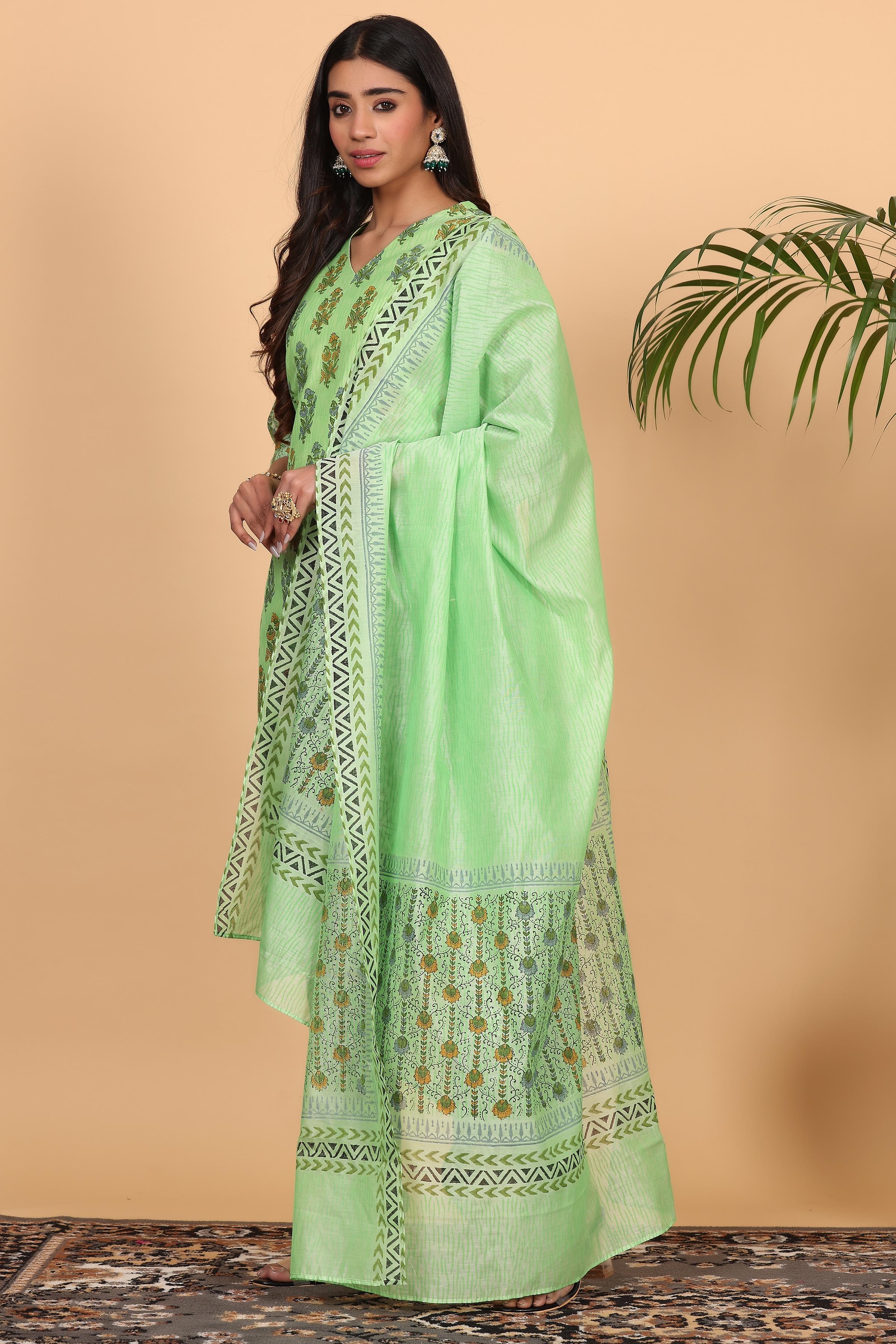 Kaanchie Nanggia Lite Green Chanderi Printed Kurta Dupatta with Pants (Set of 3)