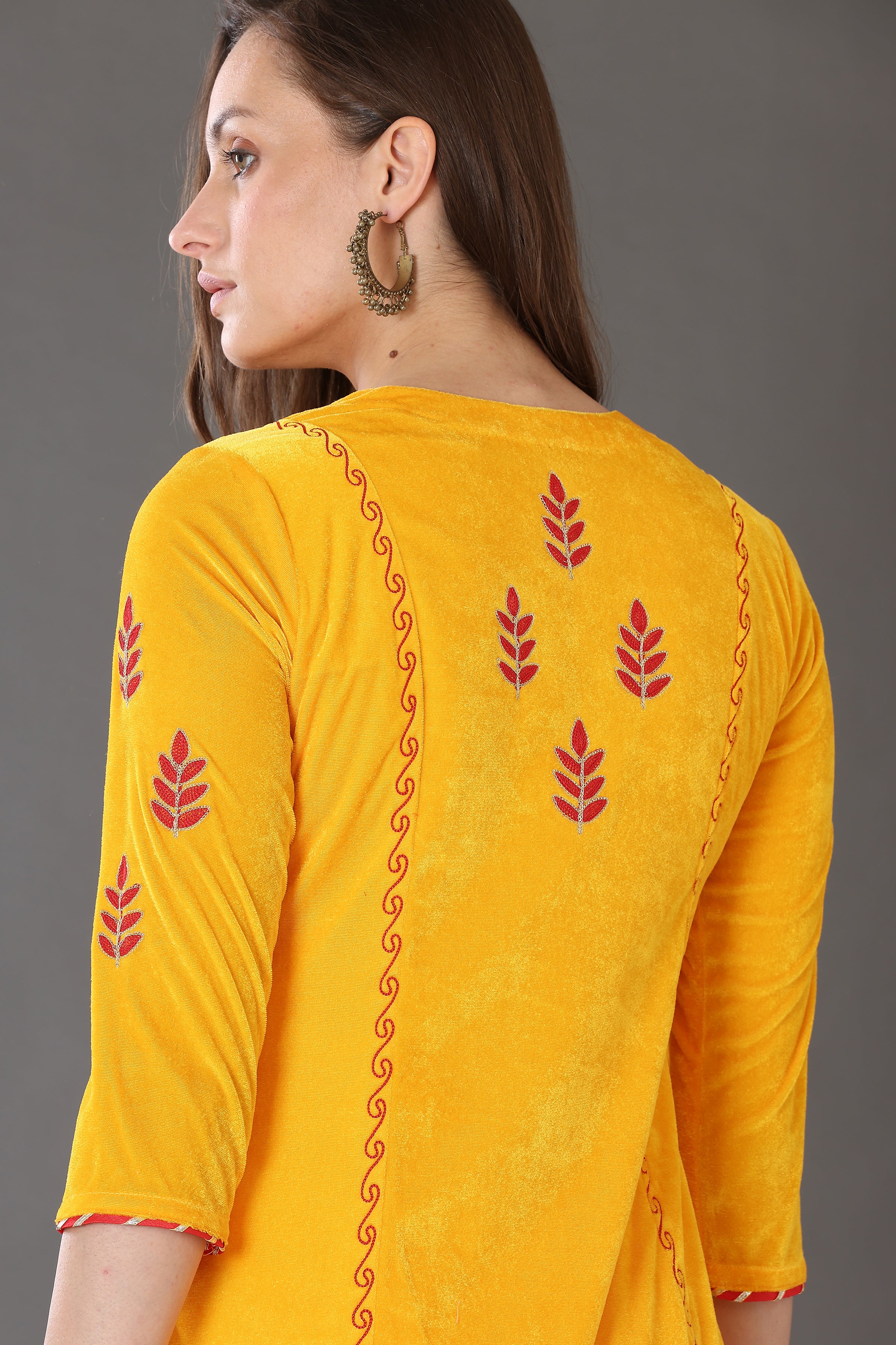 Kaanchie Nanggia Yellow Velvet Embroidered Kurta Palazzo and Dupatta (Set of 3)