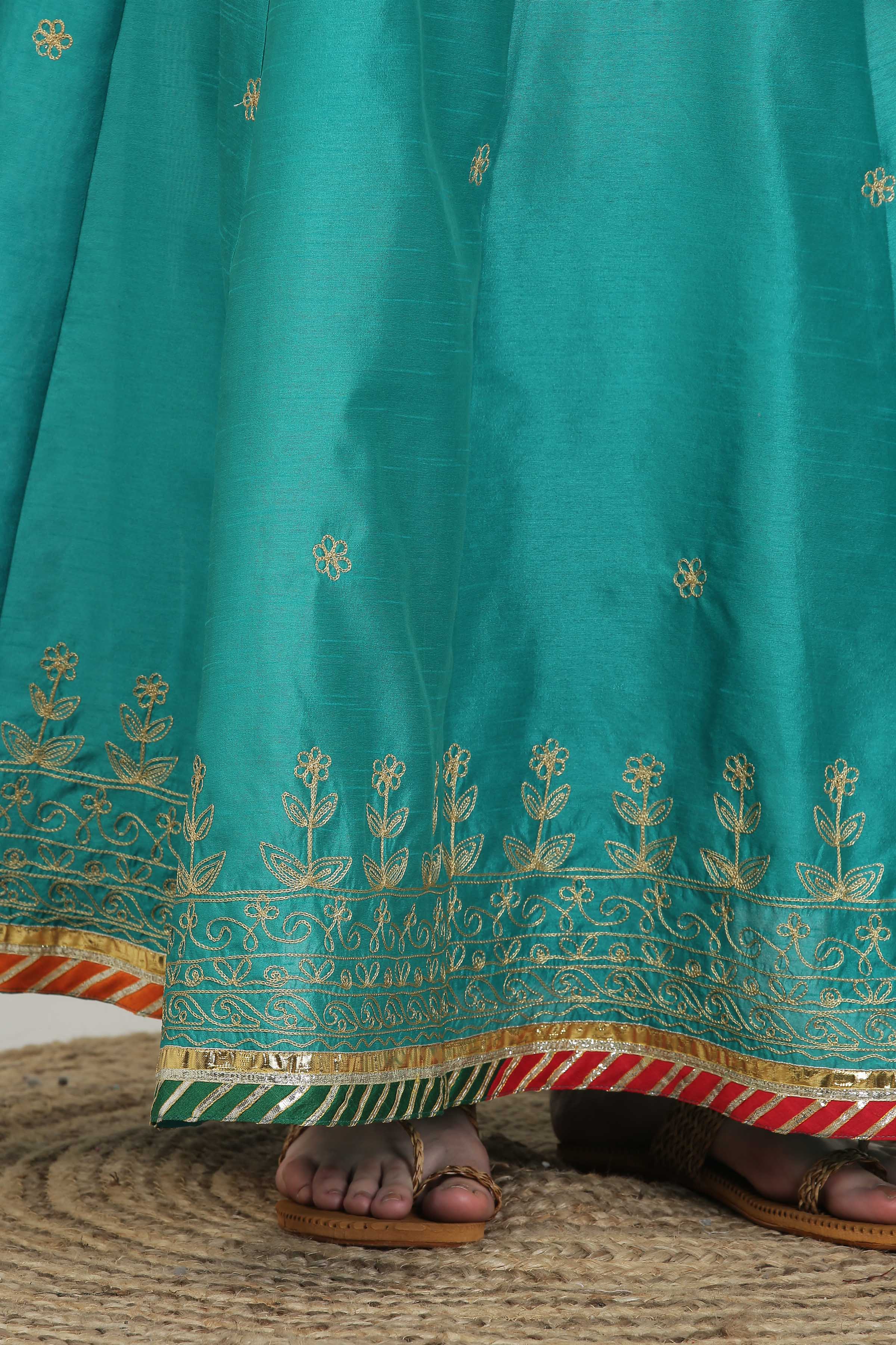 Kaanchie Nanggia Turquoise Blue Embroidered Ready to Wear Lehenga & Blouse With Dupatta (Set of 3)