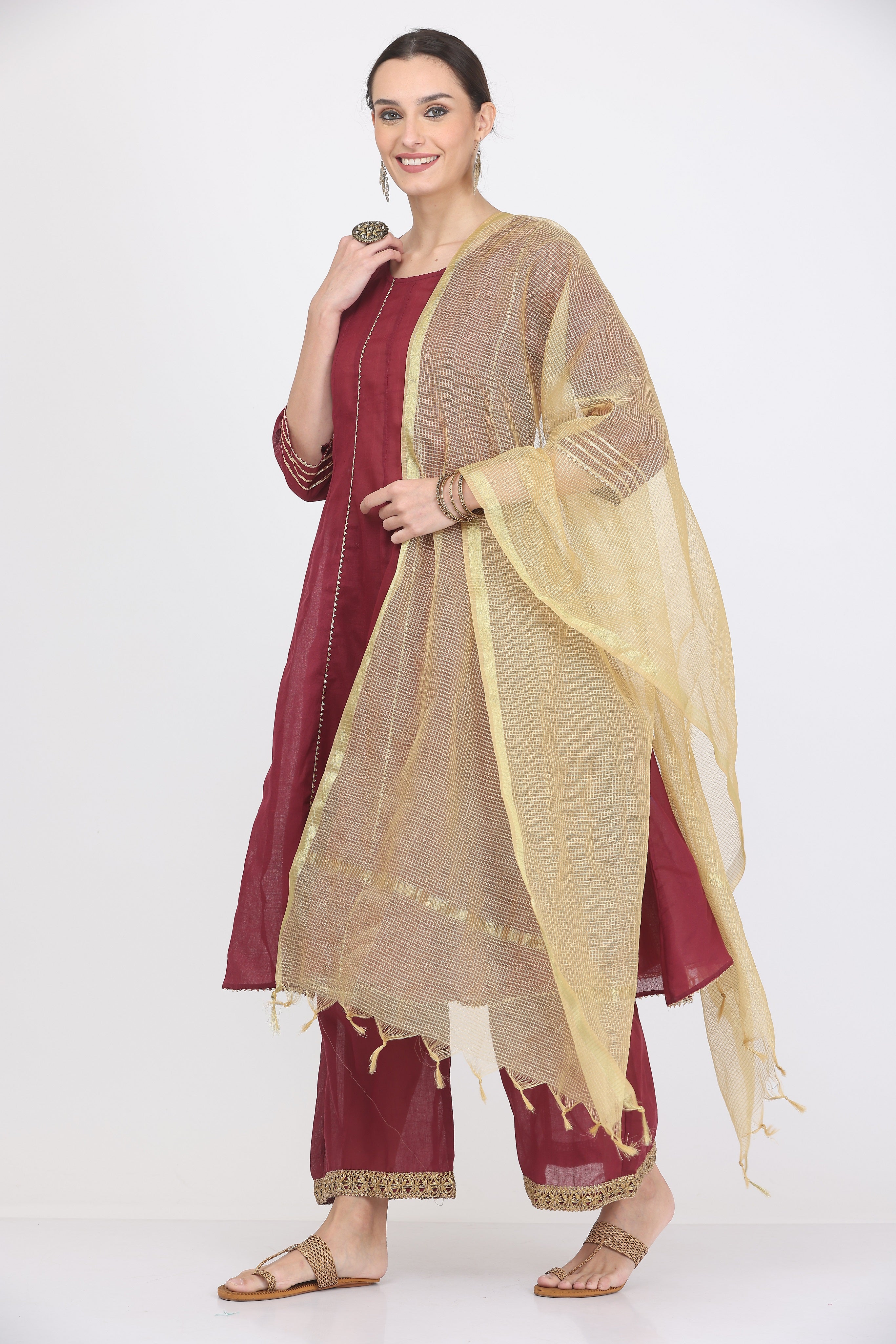 Kaanchie Nanggia Maroon Gota Work Kurta Palazzo with Dupatta (Set of 3)