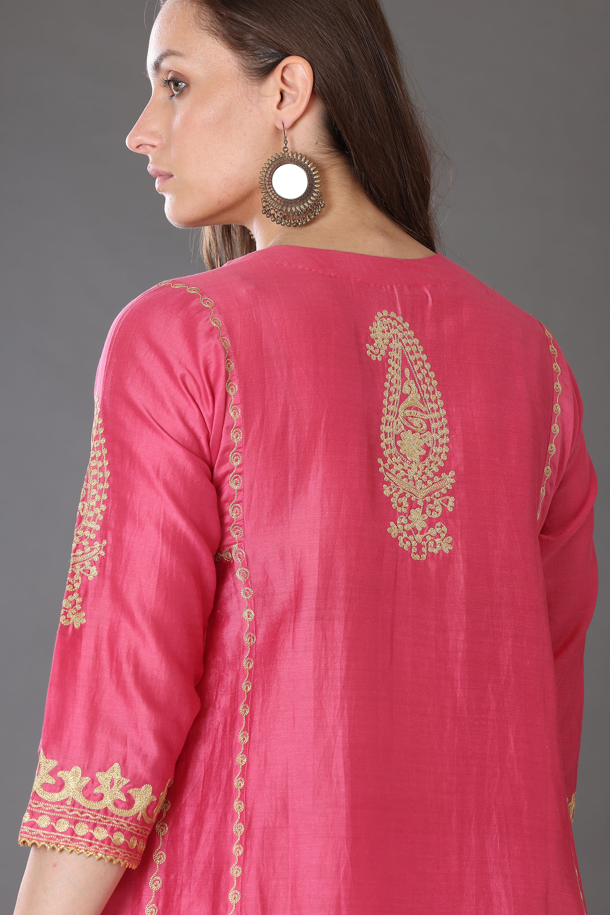 Kaanchie Nanggia Pink Embroidered Silk Kurta Palazzo (Set of 2)