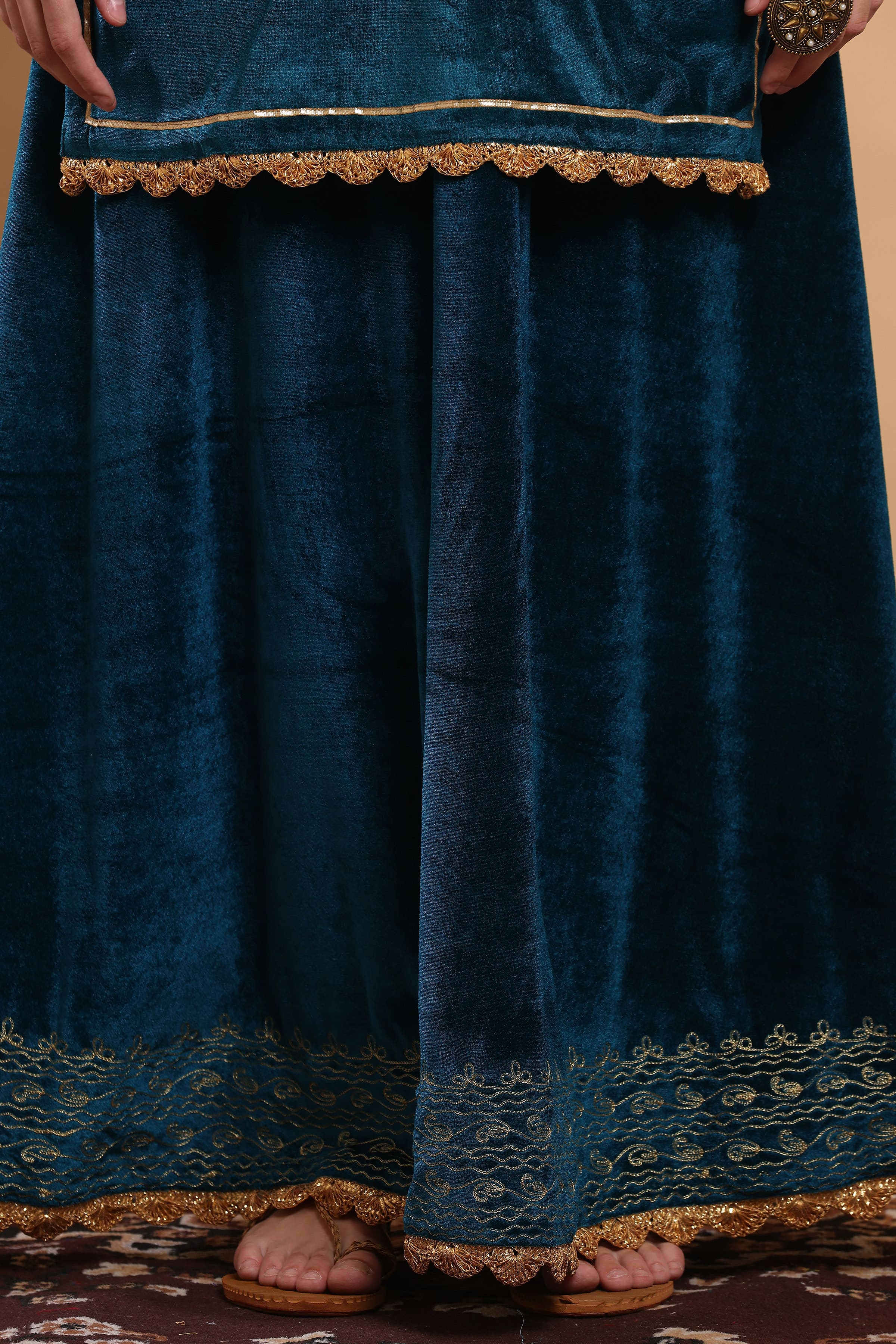 Kaanchie Nanggia Teal Green Embroidered Kurta Lehenga (Set of 2)