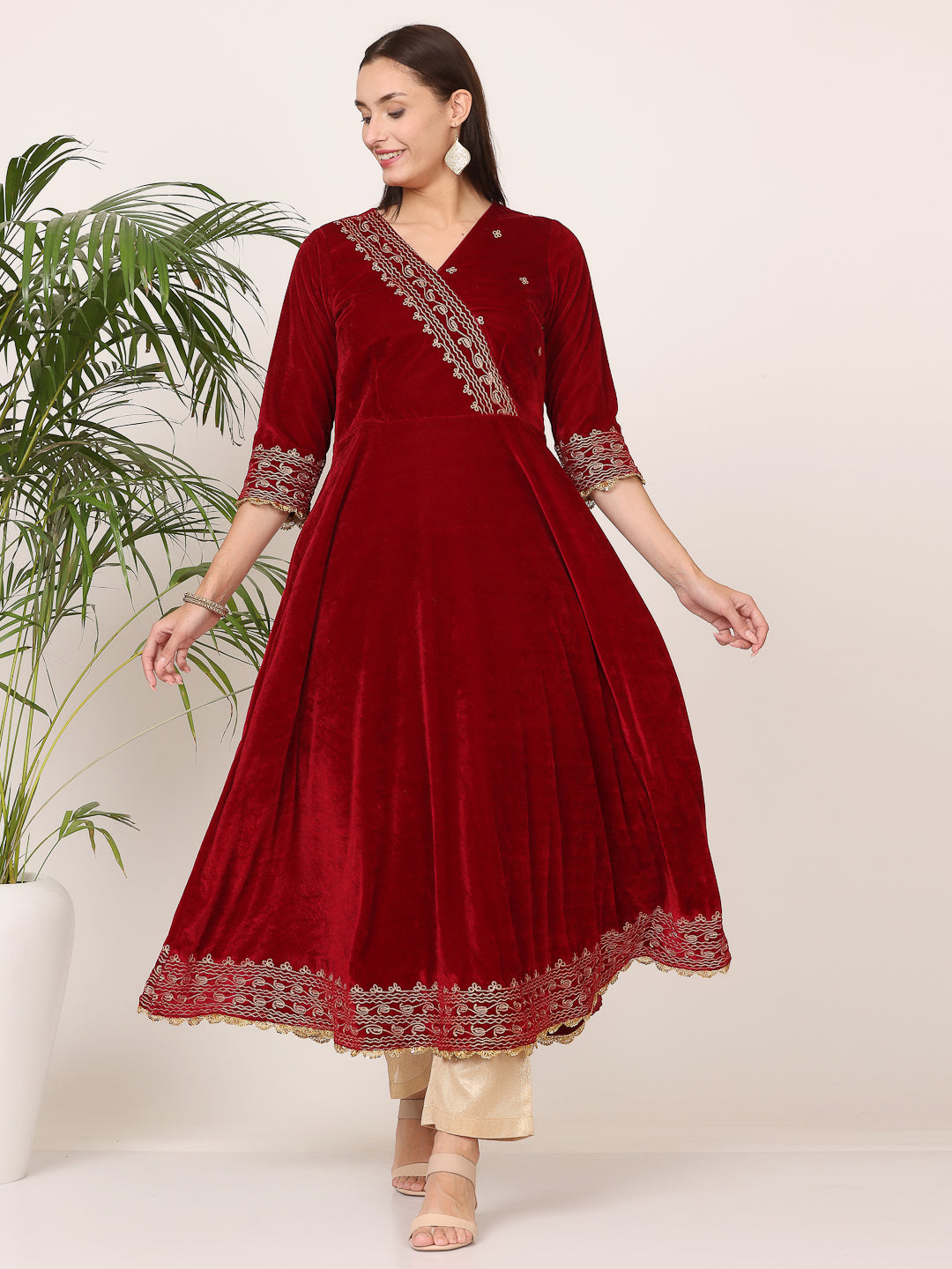 Kaanchie Nanggia Maroon Velvet Embroidered Anarkali with Pant (Set of 2)
