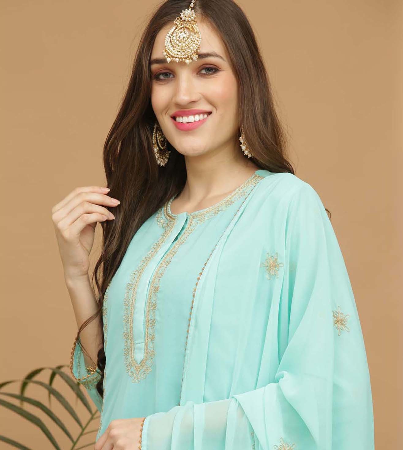 Kaanchie Nanggia Turquoise Embroidery Georgette Kurta with Skirt & Dupatta(Set of 3)