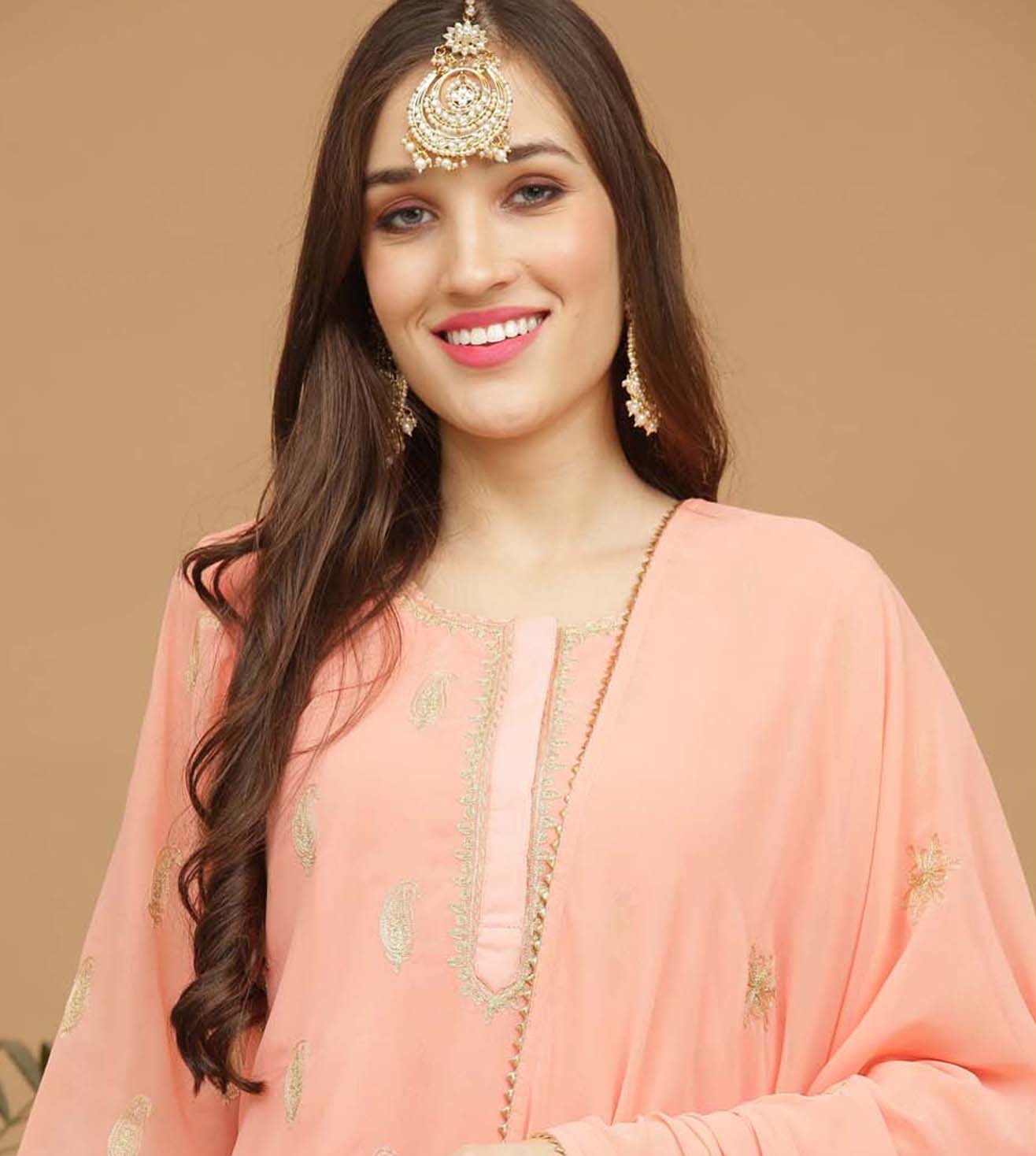 Kaanchie Nanggia Peach Embroidery Georgette Kurta with Skirt & Dupatta(Set of 3)