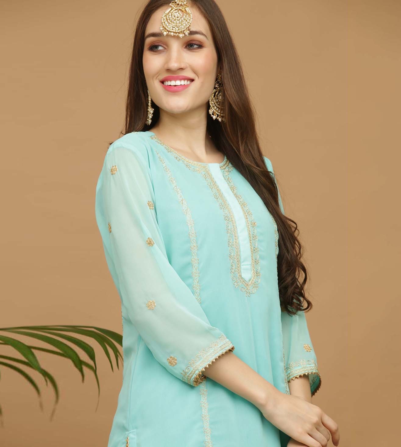 Kaanchie Nanggia Turquoise Embroidery Georgette Kurta with Skirt (Set of 2)