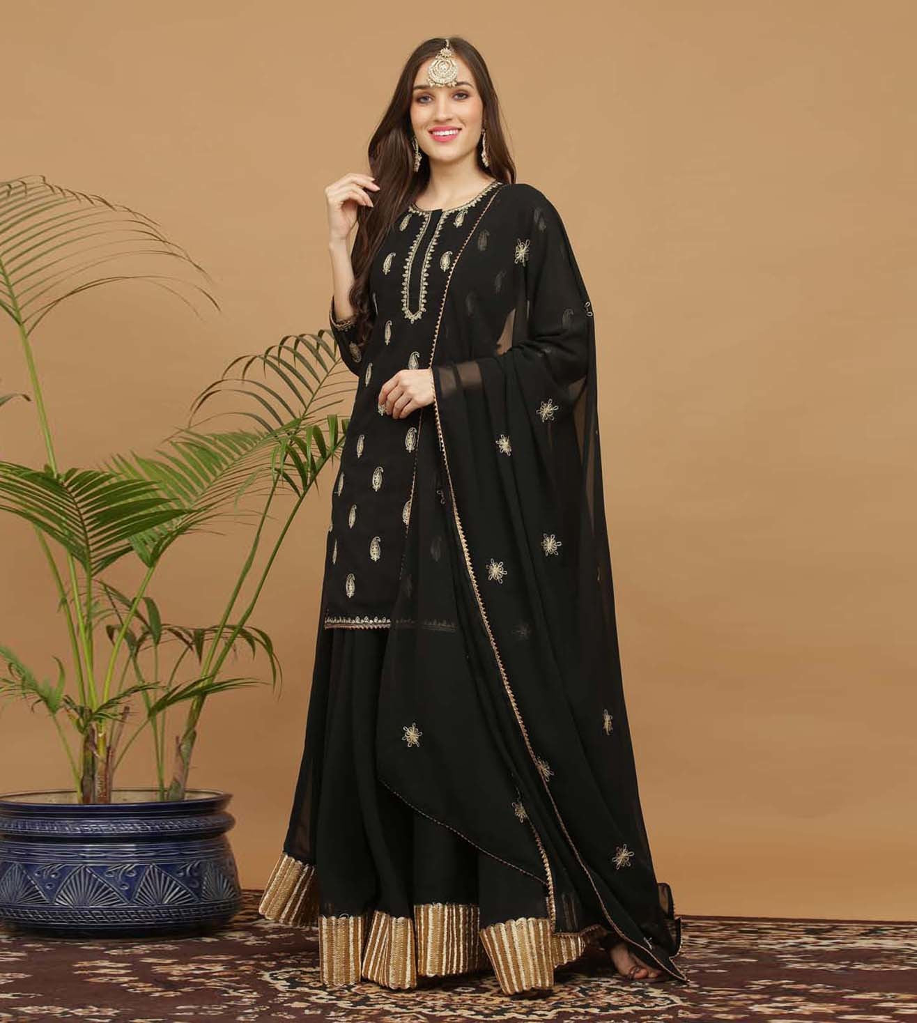 Kaanchie Nanggia Black Embroidery Georgette Kurta with Skirt & Dupatta (Set of 3)