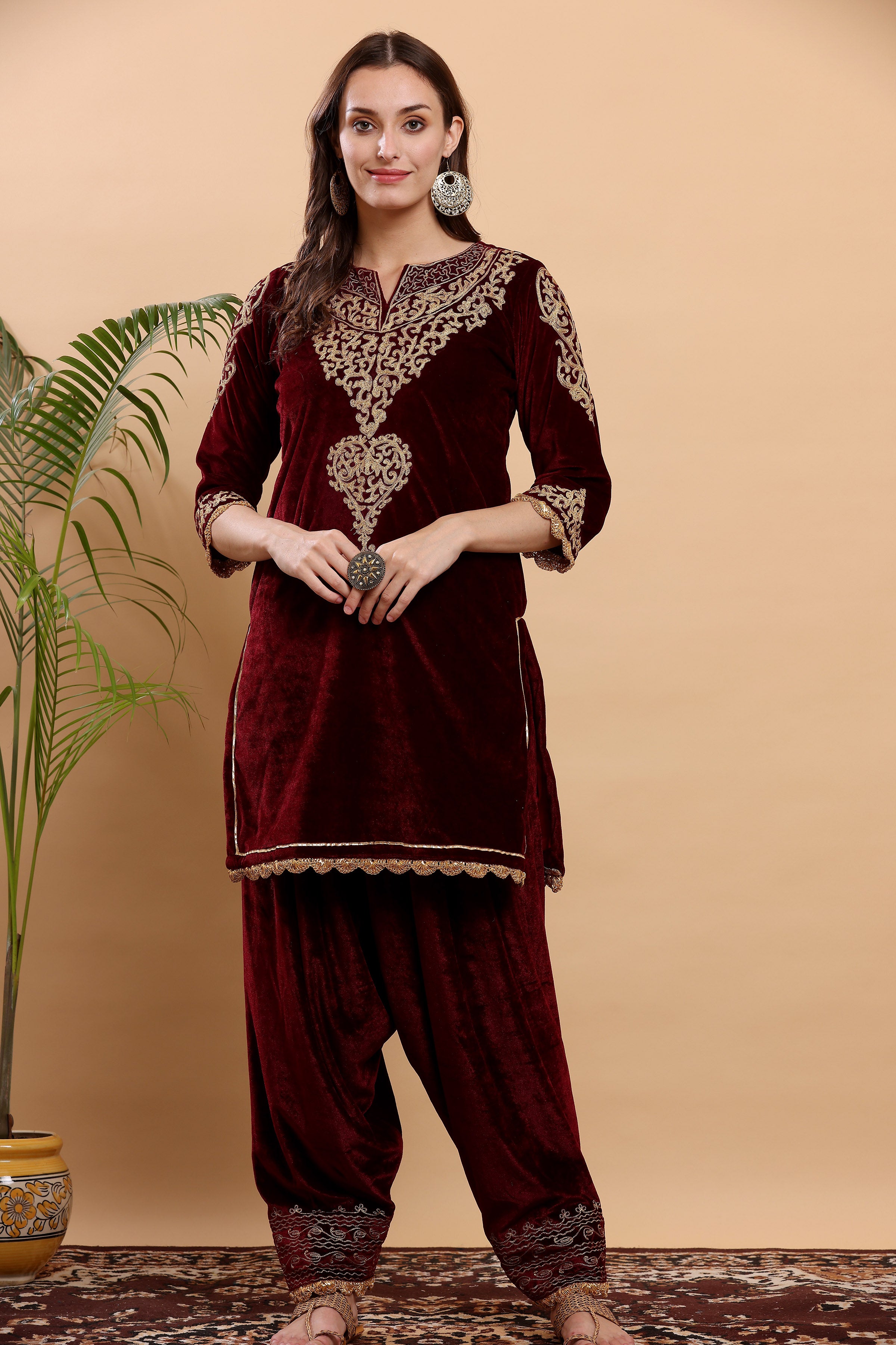 Kaanchie Nanggia Maroon Embroidered Kurta Salwar (Set of 2)