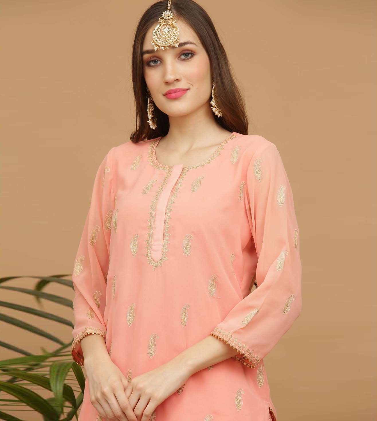 Kaanchie Nanggia Peach Embroidery Georgette Kurta with Skirt (Set of 2)