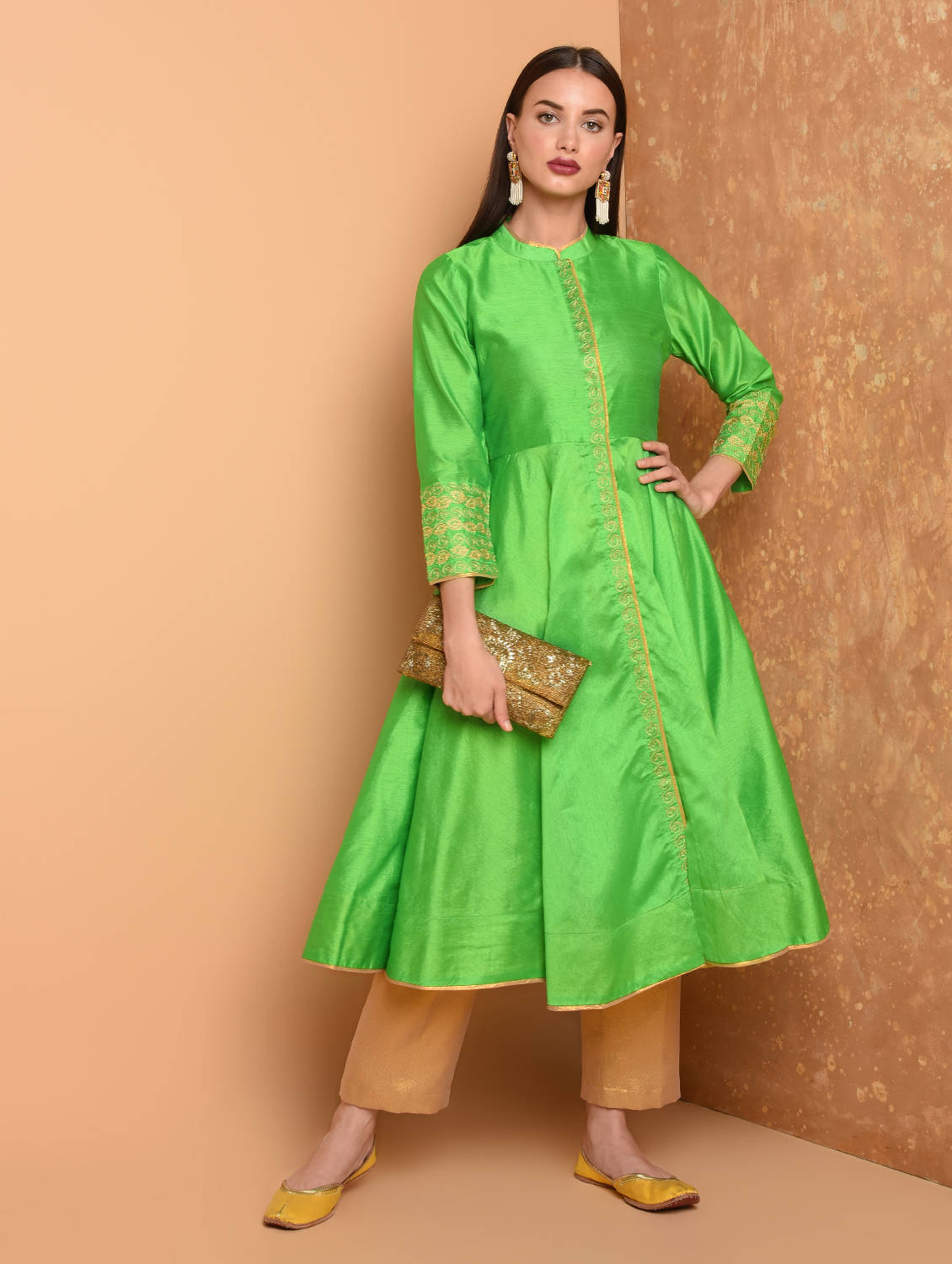 Kaanchie Nanggia Green Anarkali Silk Kurta With Brocade Pant (Set Of 2)