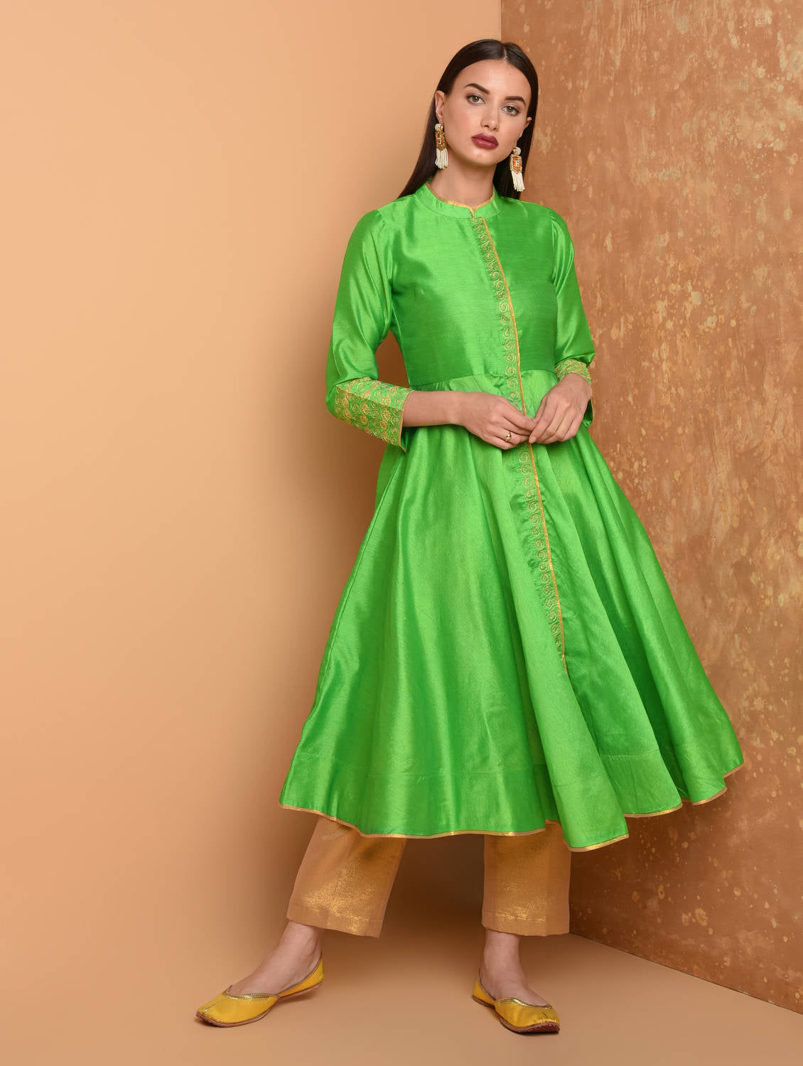 Kaanchie Nanggia Green Anarkali Silk Kurta With Brocade Pant (Set Of 2)