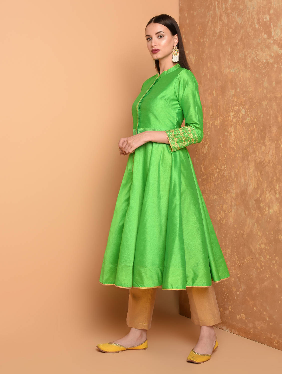 Kaanchie Nanggia Green Anarkali Silk Kurta With Brocade Pant (Set Of 2)