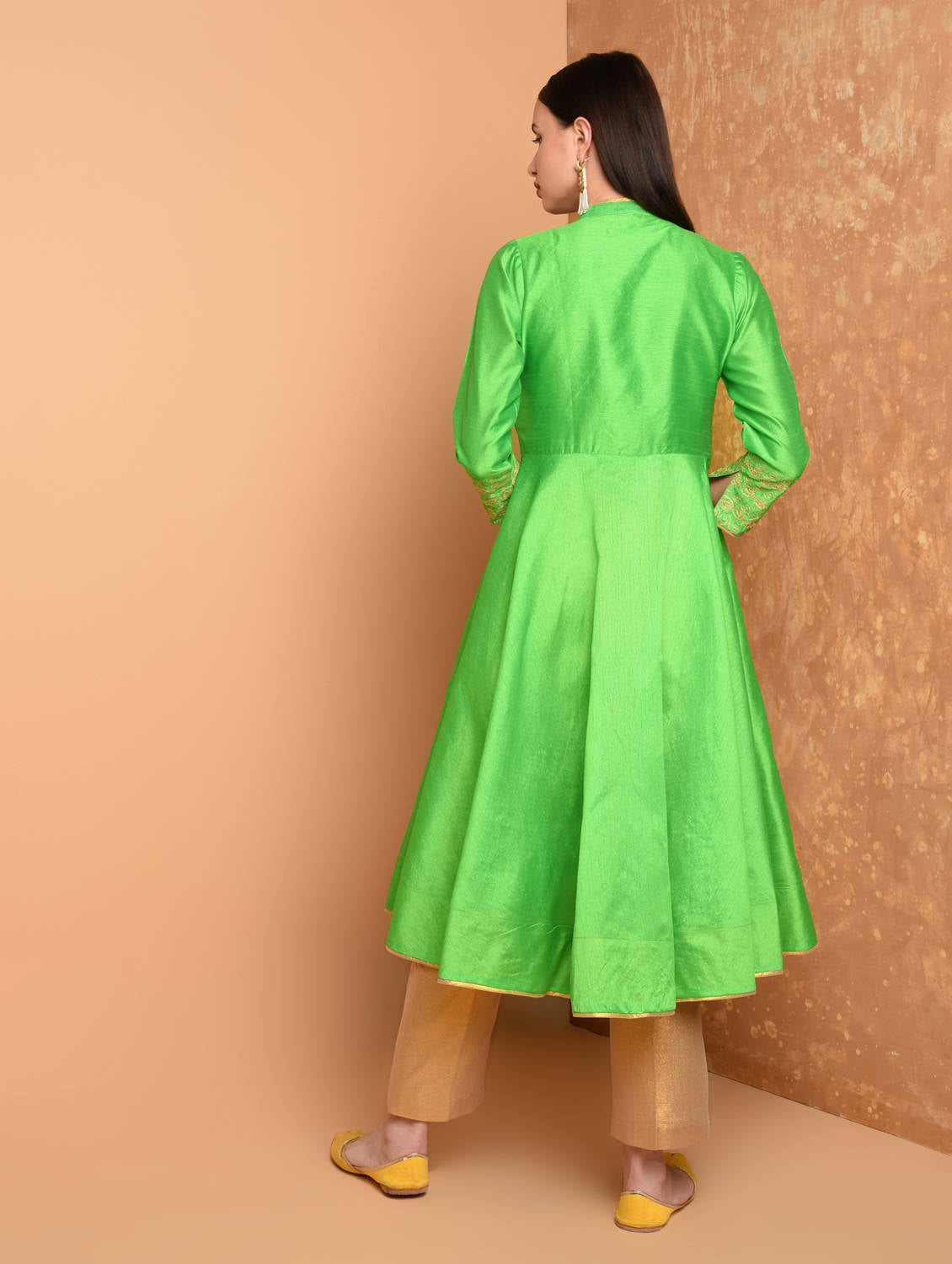 Kaanchie Nanggia Green Anarkali Silk Kurta With Brocade Pant (Set Of 2)