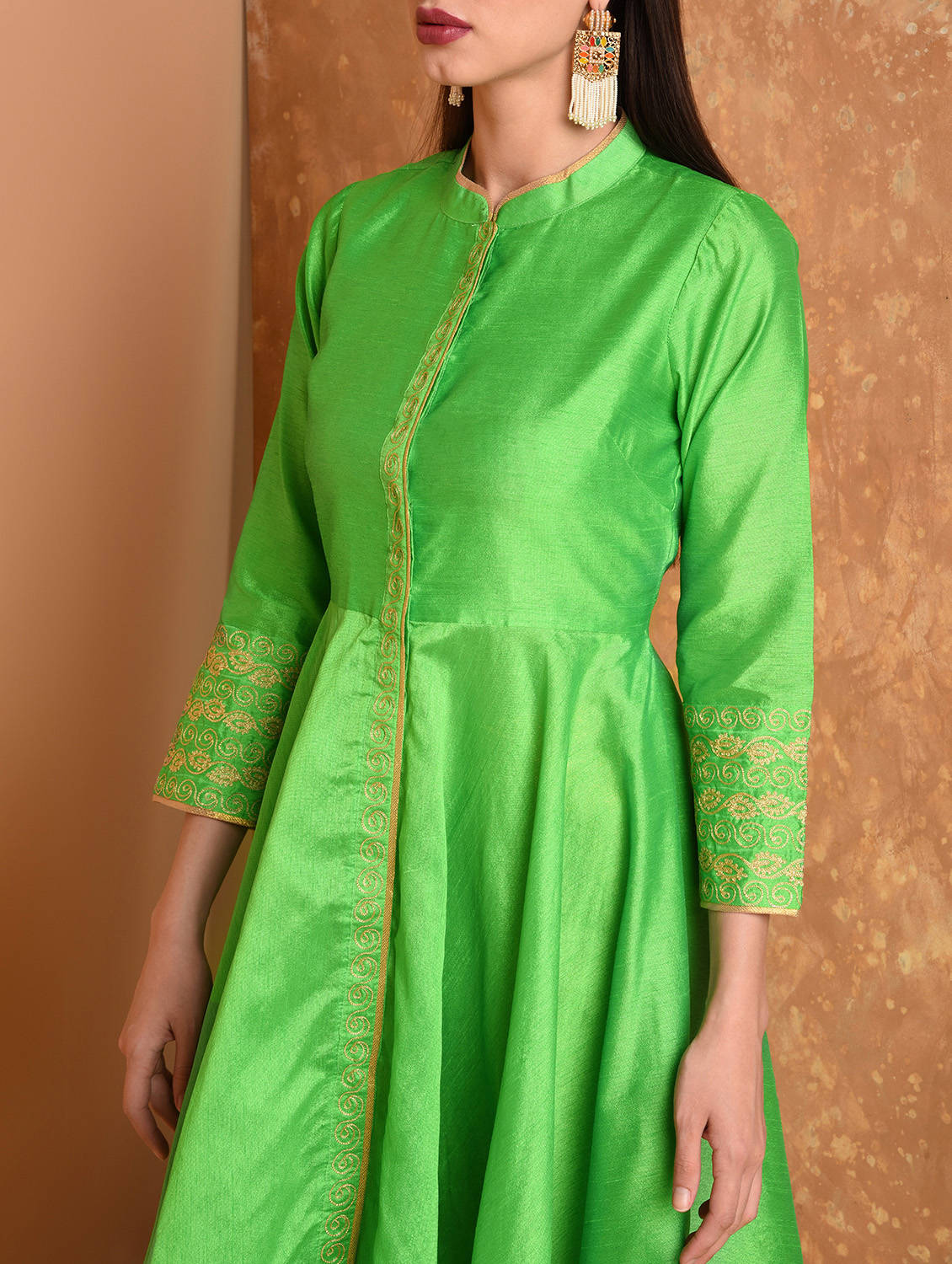 Kaanchie Nanggia Green Anarkali Silk Kurta With Brocade Pant (Set Of 2)