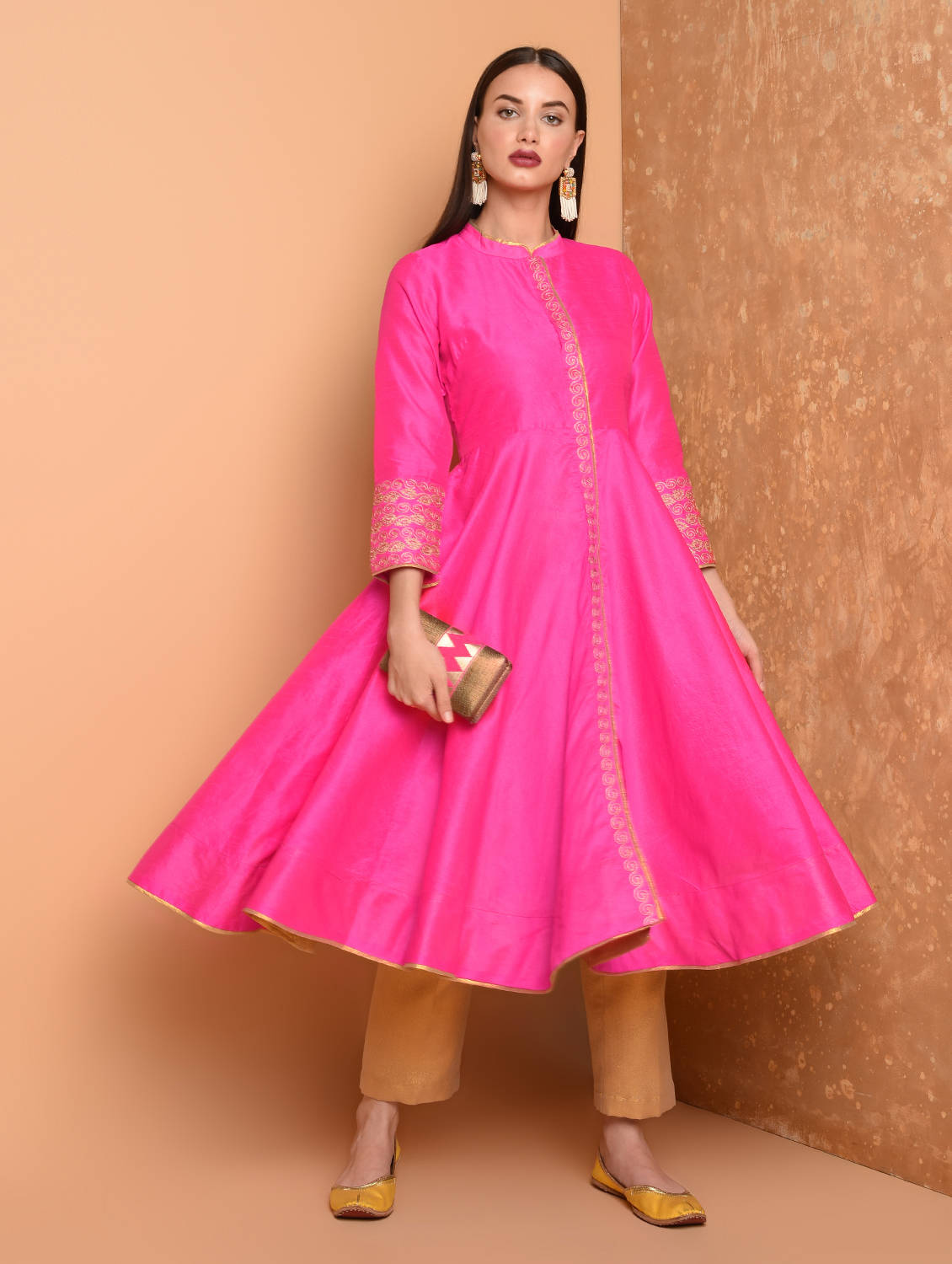 Kaanchie Nanggia Pink Anarkali Silk Kurta With Brocade Pant (Set Of 2)