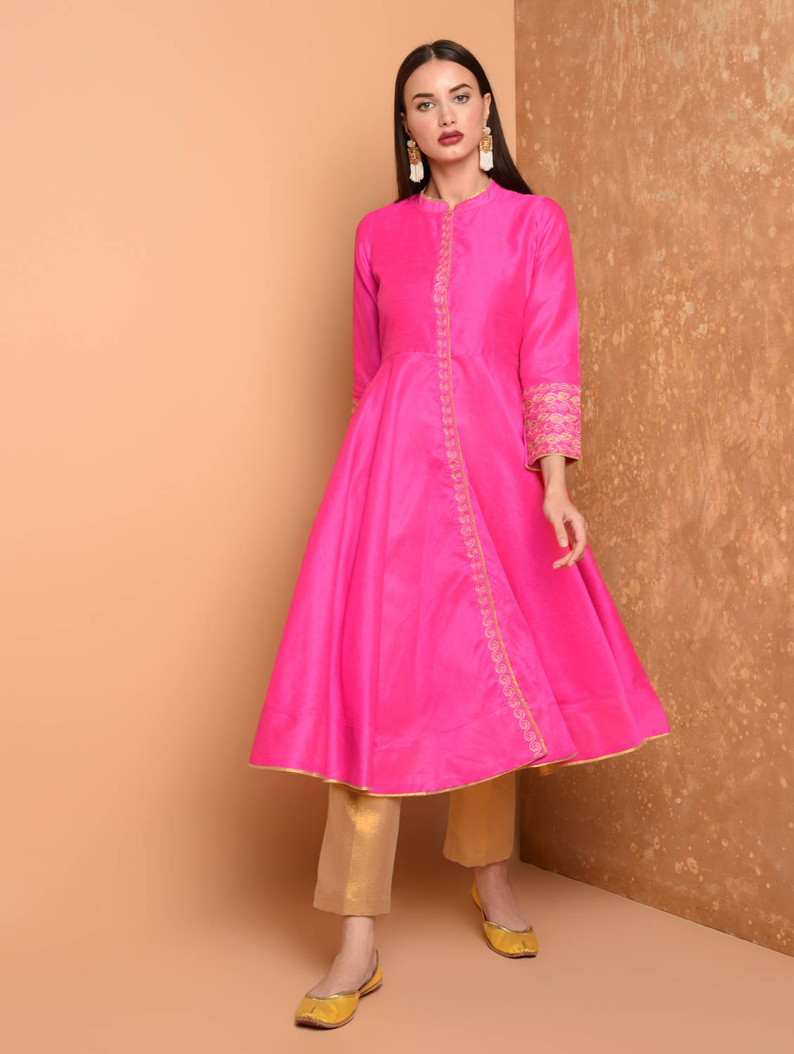 Kaanchie Nanggia Pink Anarkali Silk Kurta With Brocade Pant (Set Of 2)