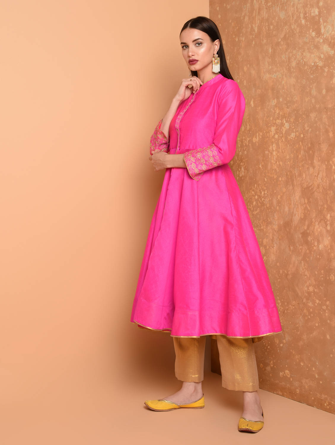 Kaanchie Nanggia Pink Anarkali Silk Kurta With Brocade Pant (Set Of 2)