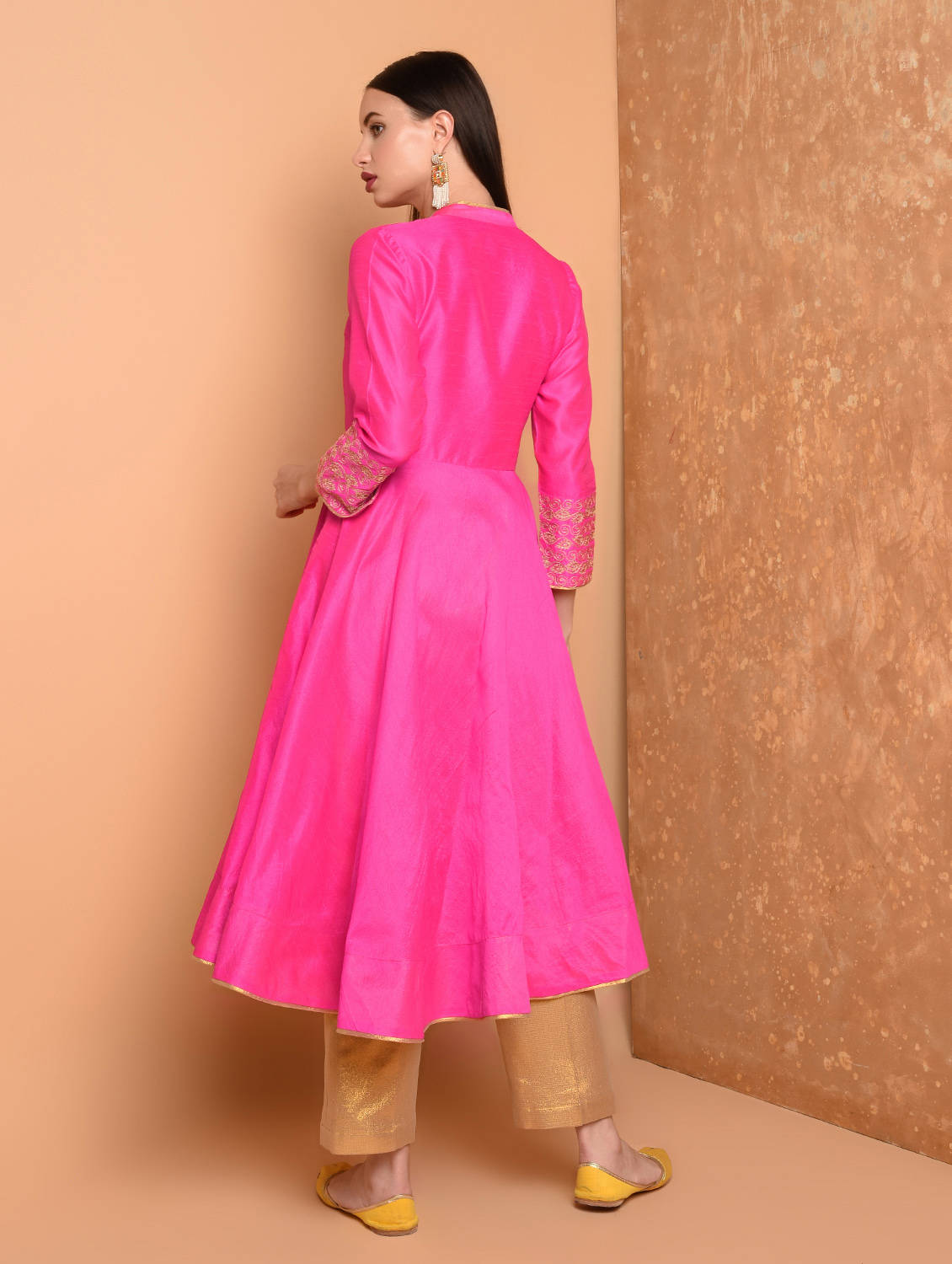 Kaanchie Nanggia Pink Anarkali Silk Kurta With Brocade Pant (Set Of 2)