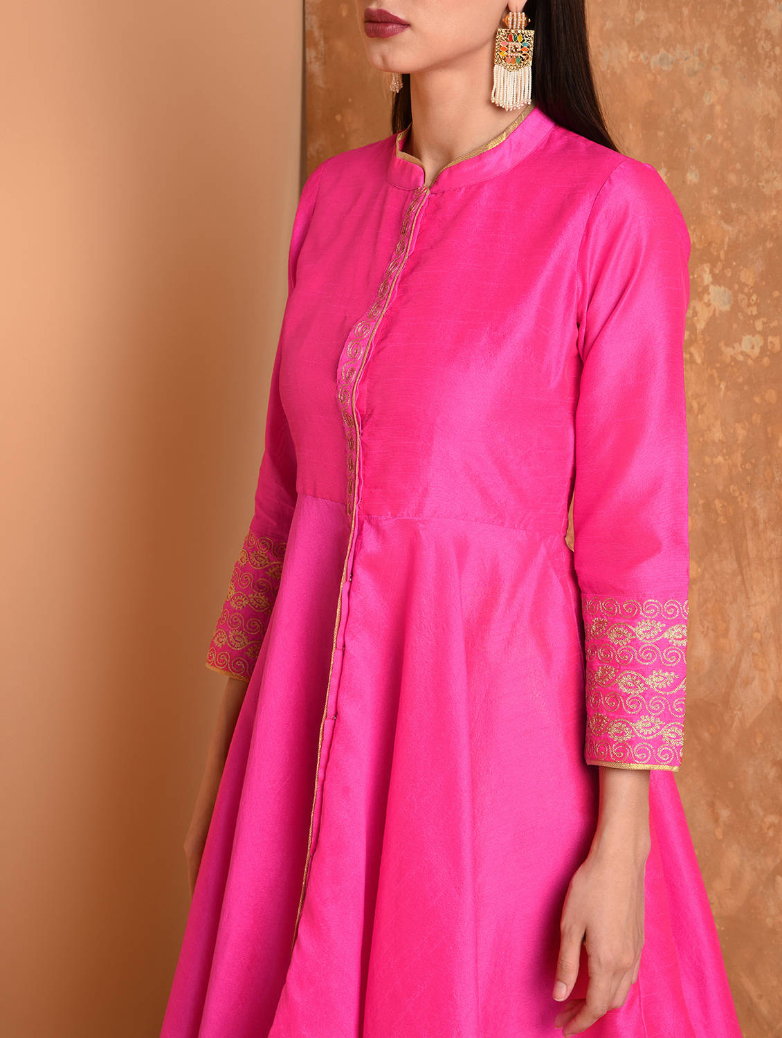 Kaanchie Nanggia Pink Anarkali Silk Kurta With Brocade Pant (Set Of 2)