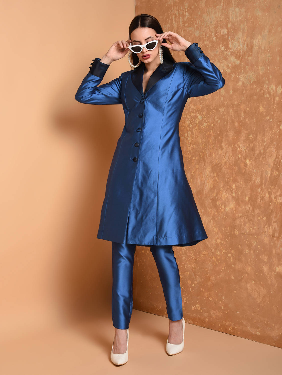 Kaanchie Nanggia Blue Solid Jacket Kurta And Pant (Set of 2)