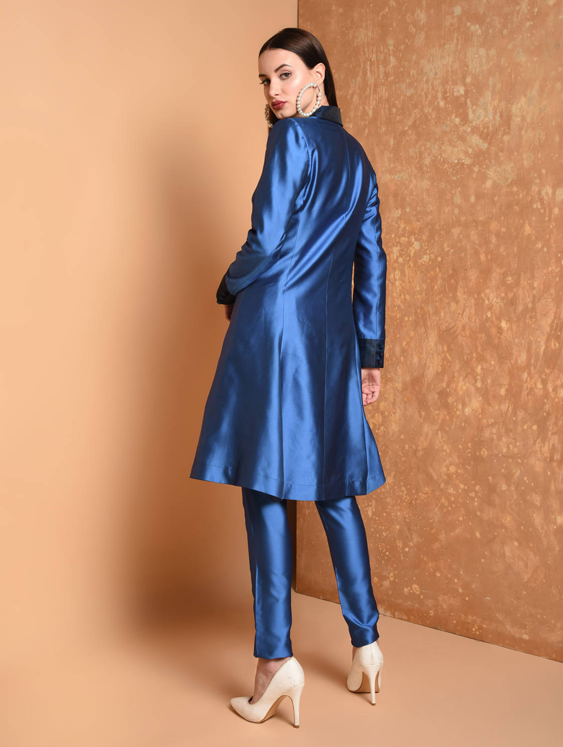 Kaanchie Nanggia Blue Solid Jacket Kurta And Pant (Set of 2)