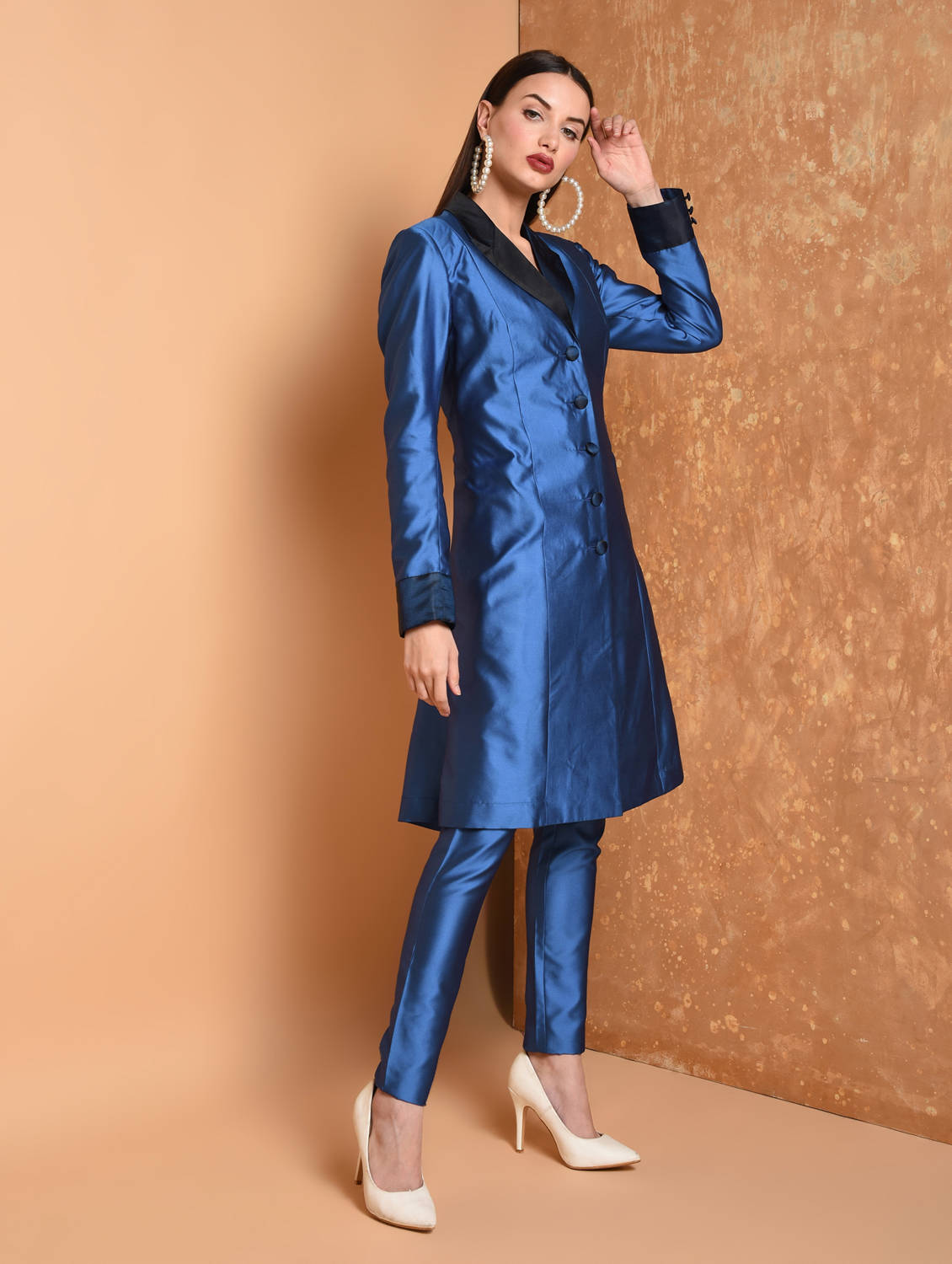 Kaanchie Nanggia Blue Solid Jacket Kurta And Pant (Set of 2)