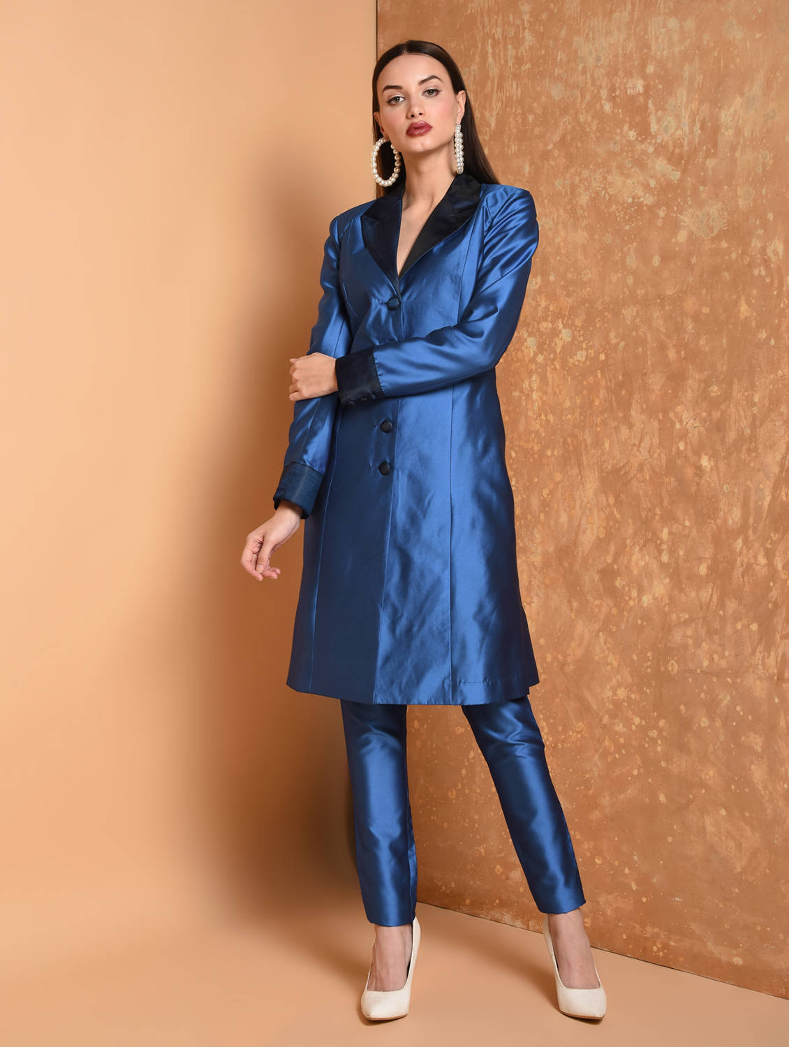 Kaanchie Nanggia Blue Solid Jacket Kurta And Pant (Set of 2)