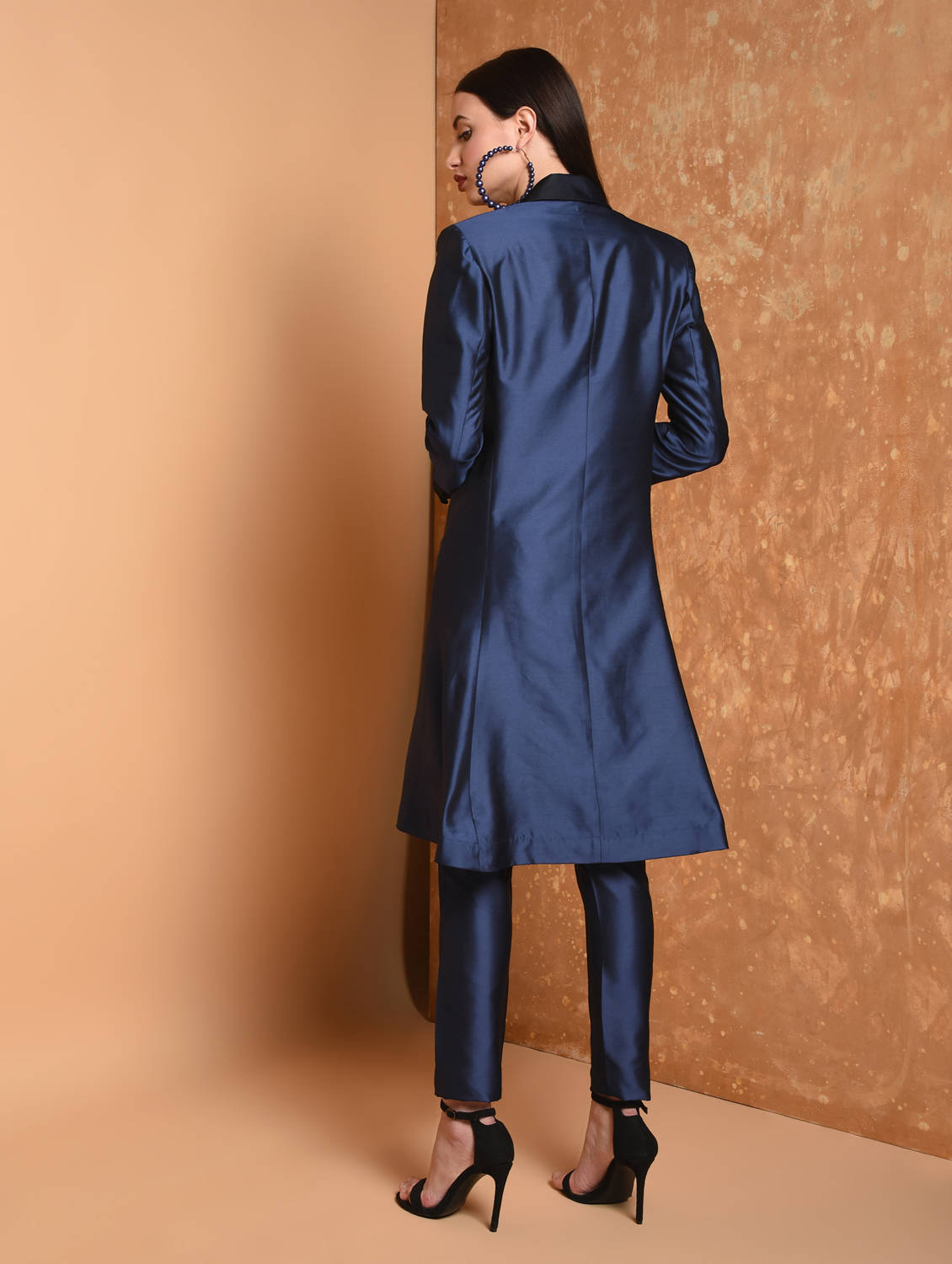 Kaanchie Nanggia Blue Solid Jacket Kurta And Pant (Set of 2)