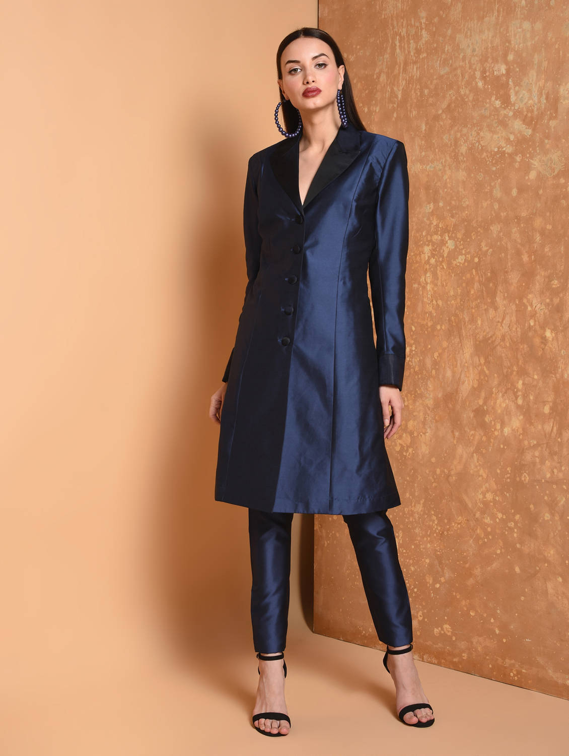 Kaanchie Nanggia Blue Solid Jacket Kurta And Pant (Set of 2)