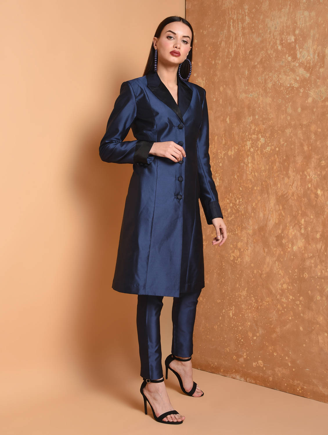 Kaanchie Nanggia Blue Solid Jacket Kurta And Pant (Set of 2)