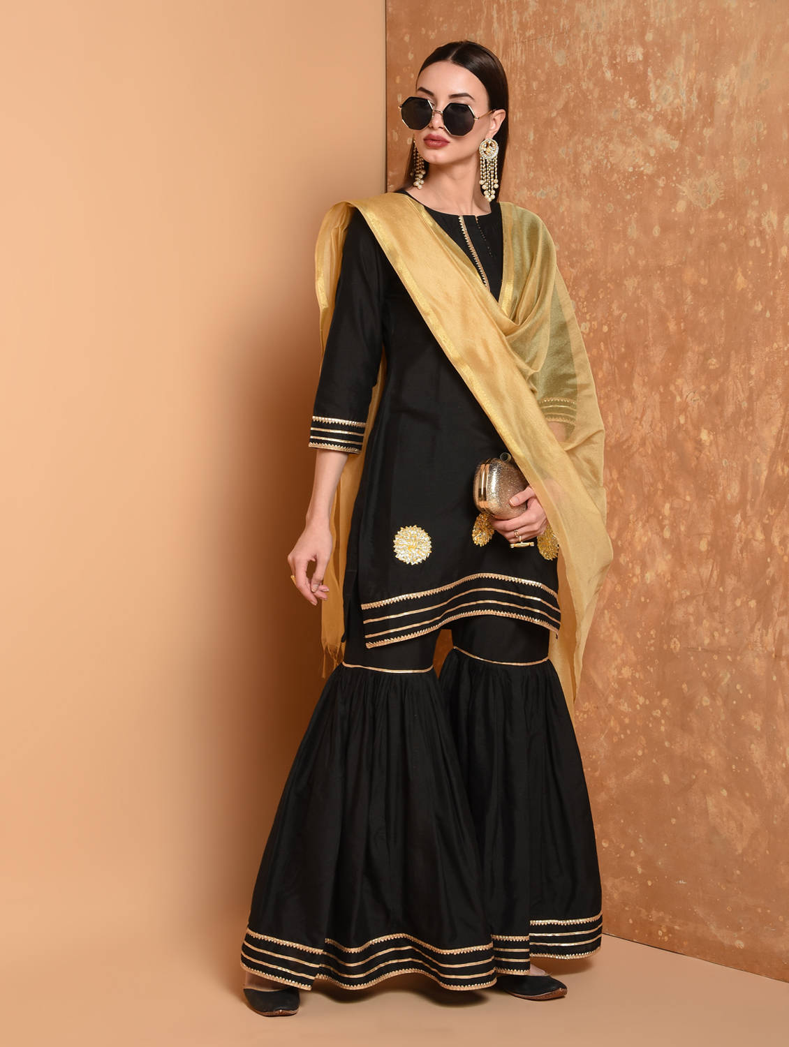 Kaanchie Nanggia Black Gota Work Kurta And Sharara With Dupatta (Set of 3)