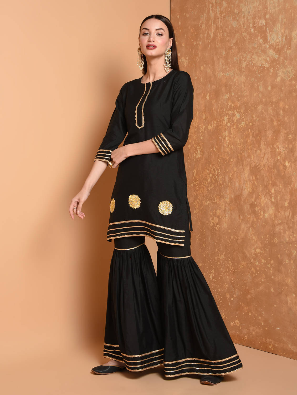 Kaanchie Nanggia Black Gota Work Kurta And Sharara With Dupatta (Set of 3)