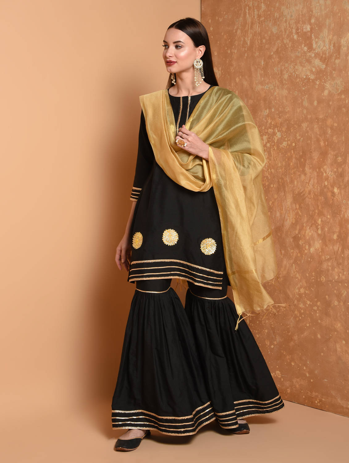 Kaanchie Nanggia Black Gota Work Kurta And Sharara With Dupatta (Set of 3)