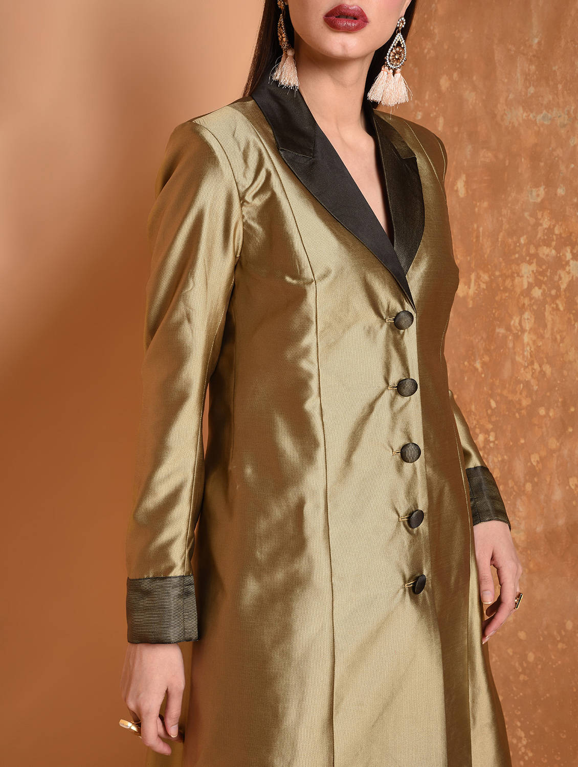 Kaanchie Nanggia Gold Solid Jacket Kurta And Pant (Set of 2)