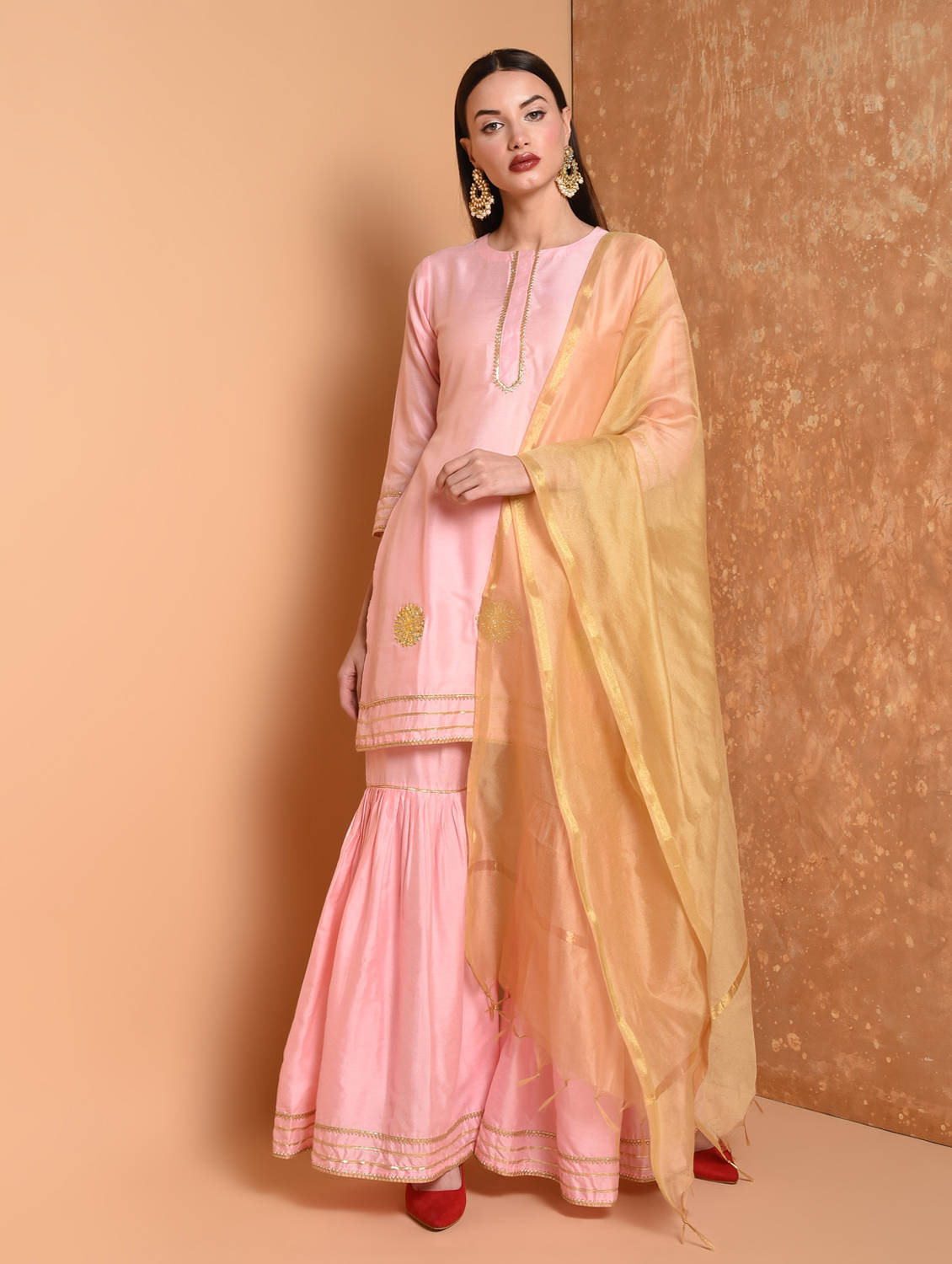 Kaanchie Nanggia Pink Gota Work Kurta And Sharara With Dupatta (Set of 3)